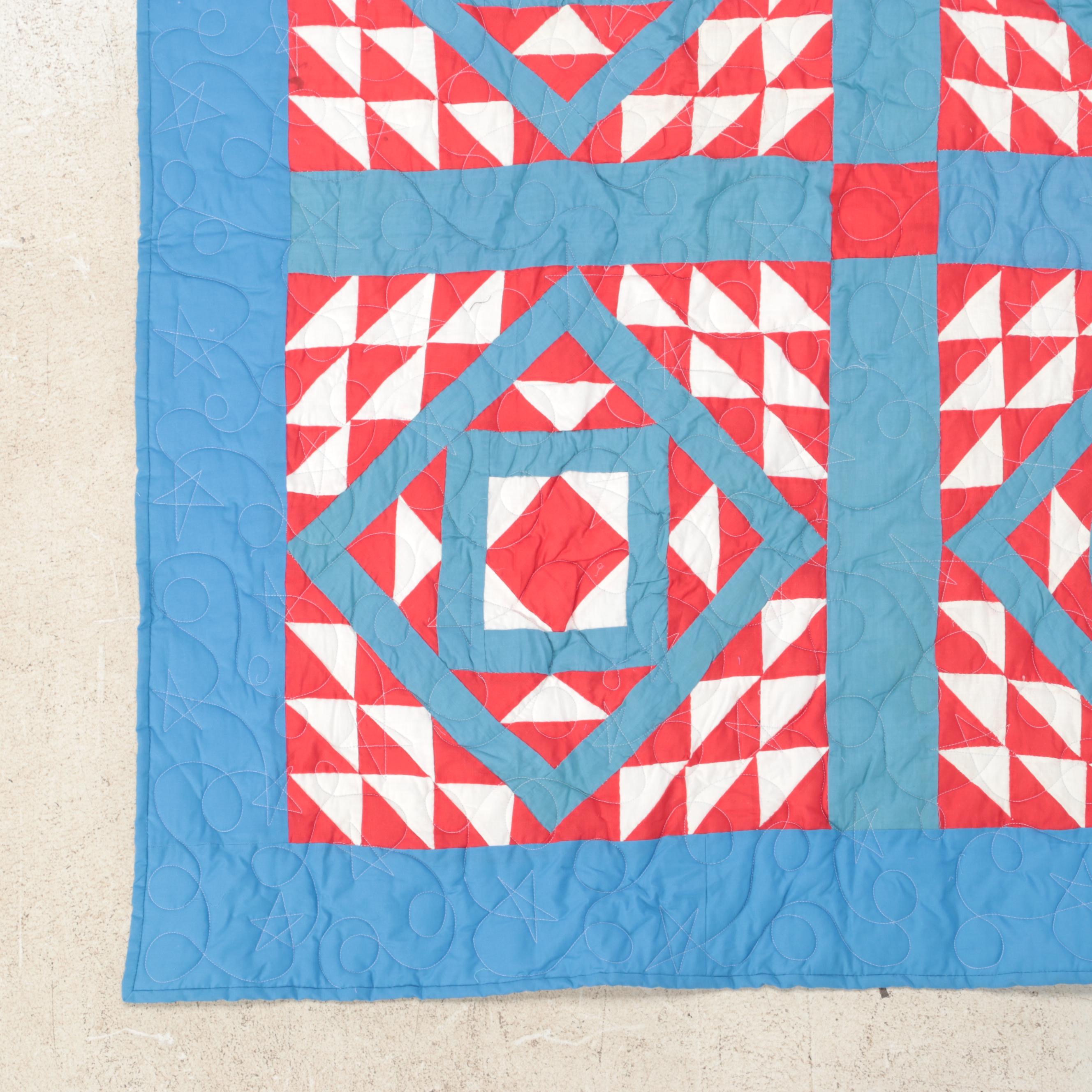 Handmade "Duck and Ducklings" Variant Pieced Cotton Quilt, 20th Century