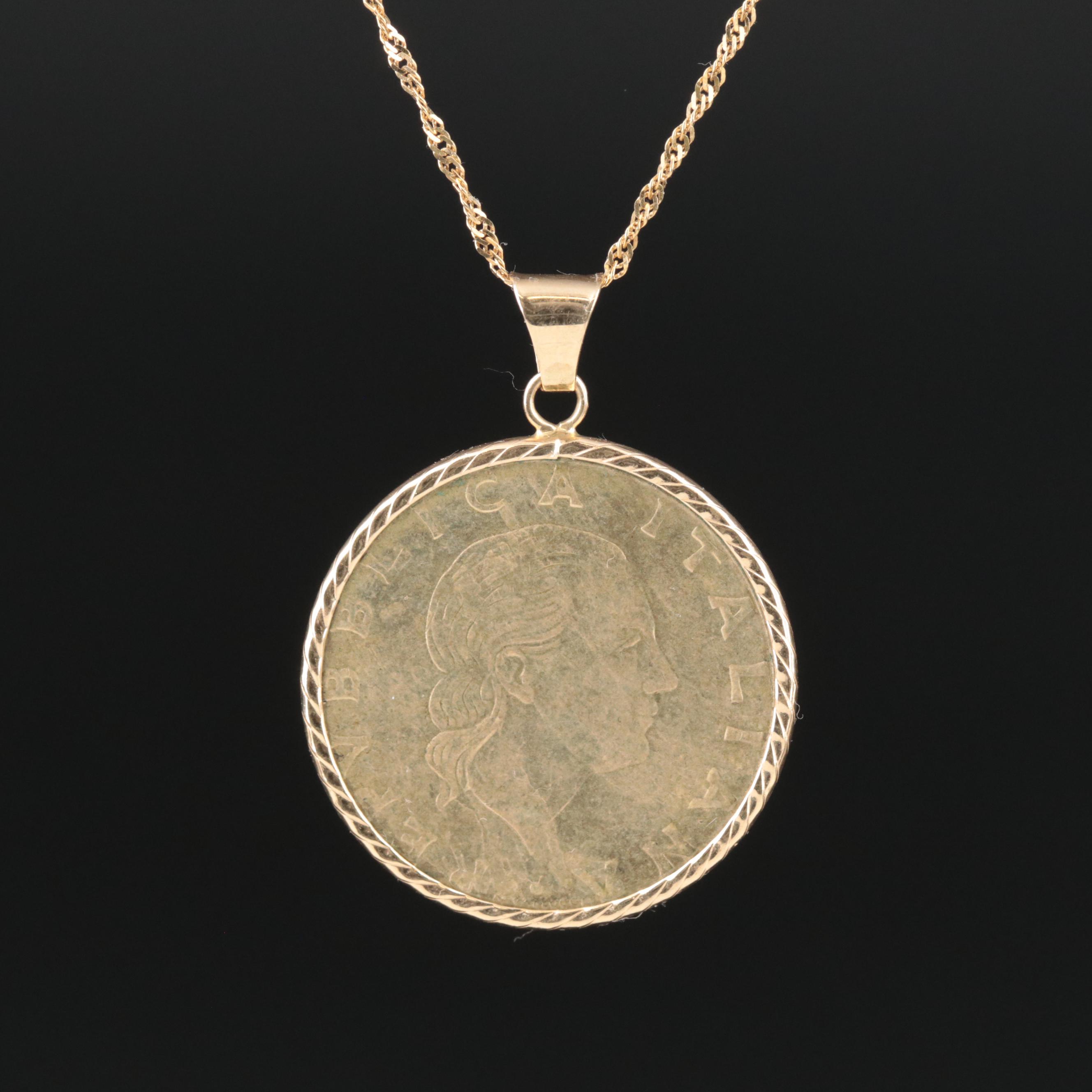 14K Necklace with 1991 Italian 200 Lire Coin