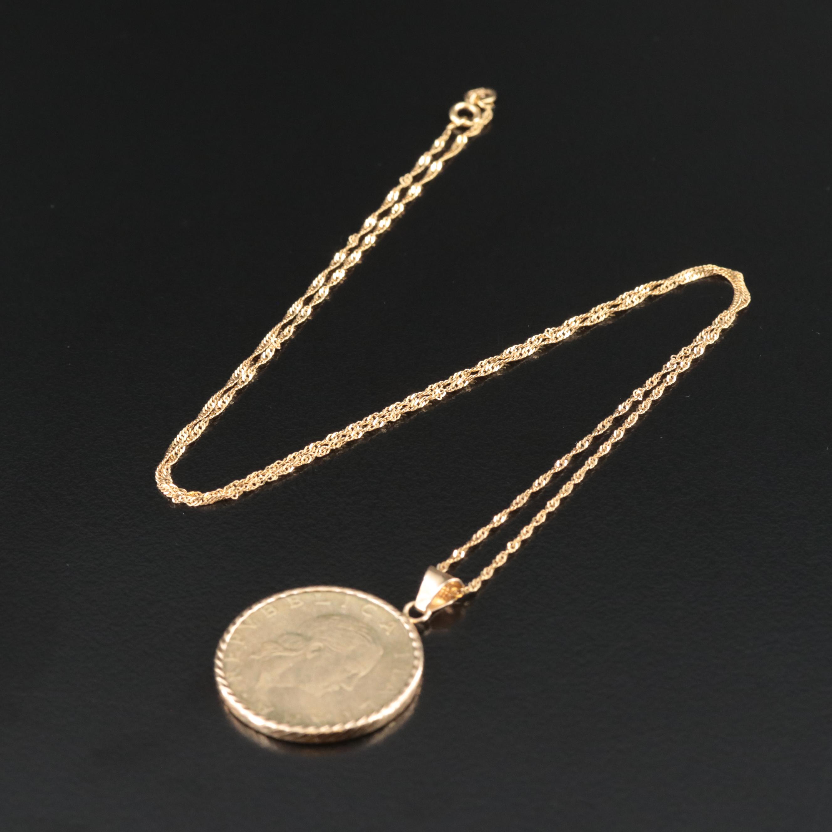 14K Necklace with 1991 Italian 200 Lire Coin
