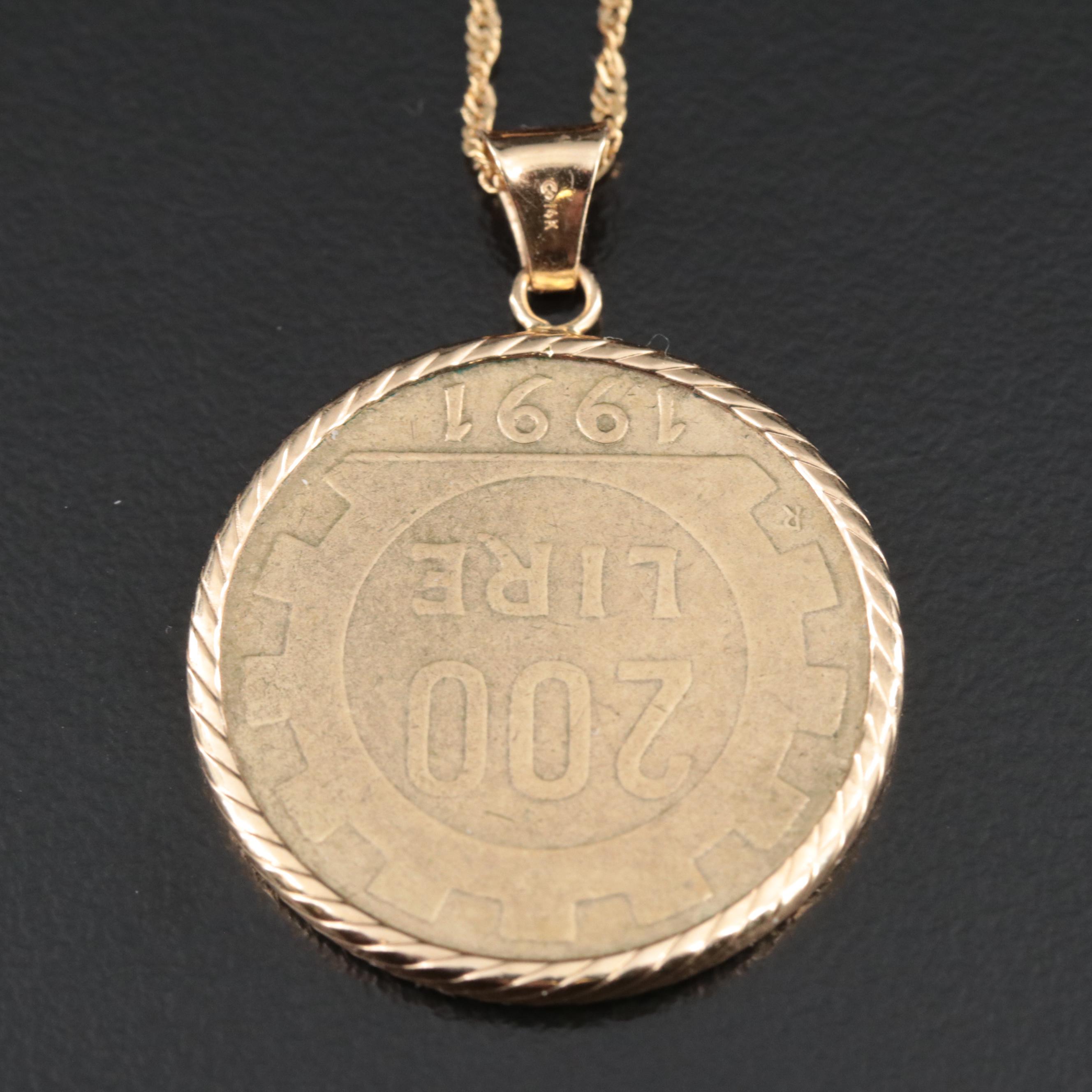 14K Necklace with 1991 Italian 200 Lire Coin