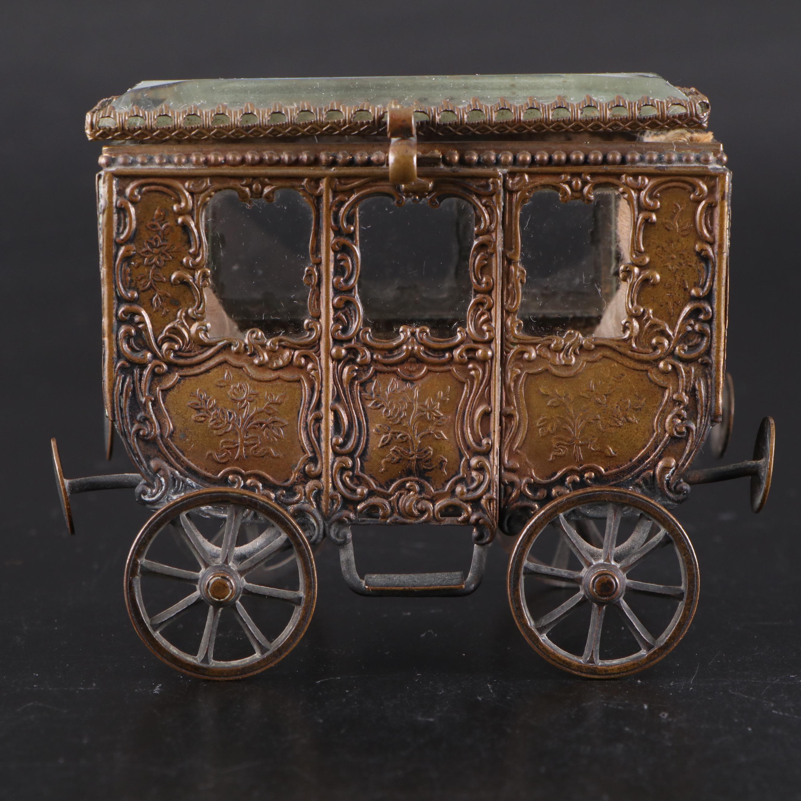 Silk-Lined Bronze Carriage Casket Box with Beveled Crystal Panel, 19th C.