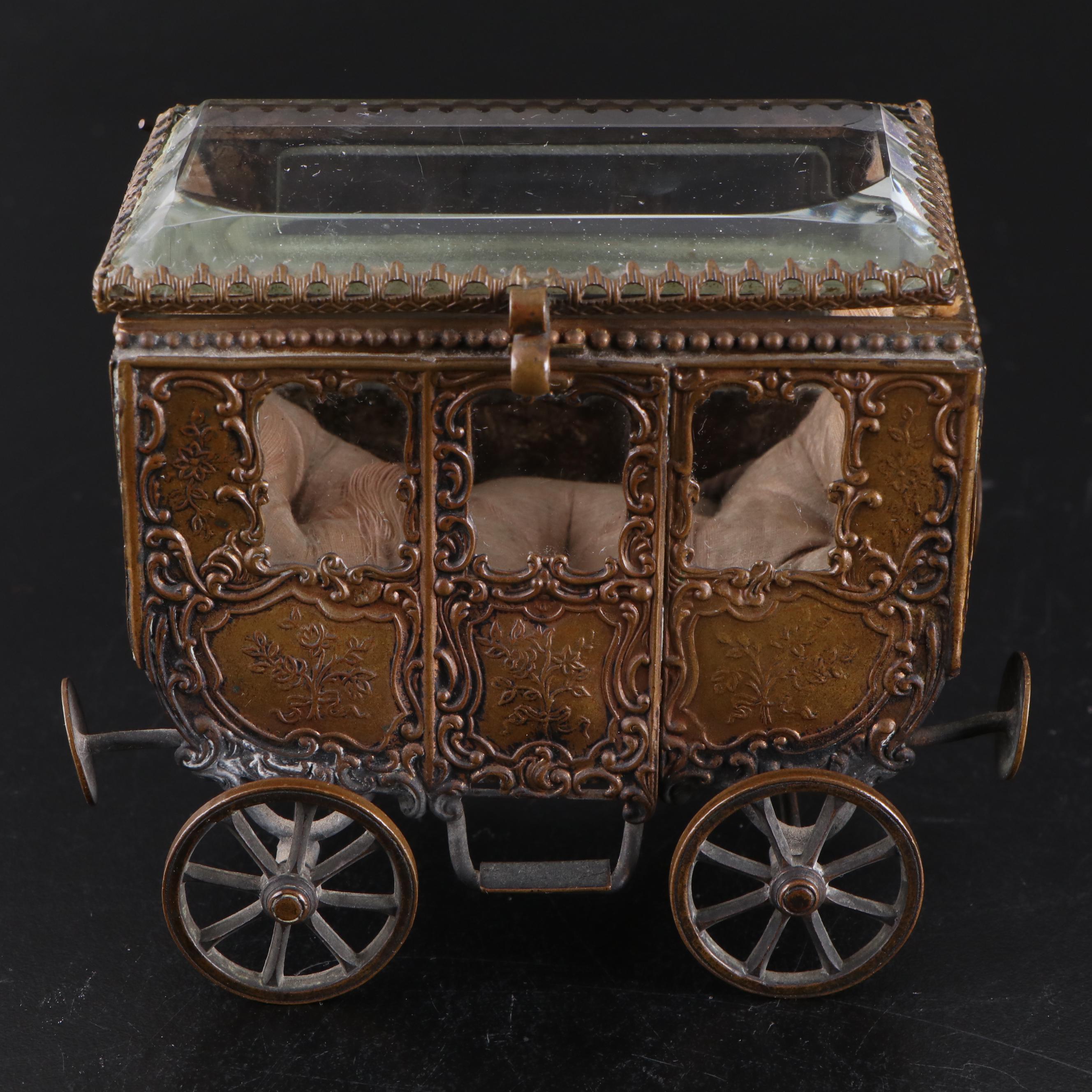 Silk-Lined Bronze Carriage Casket Box with Beveled Crystal Panel, 19th C.