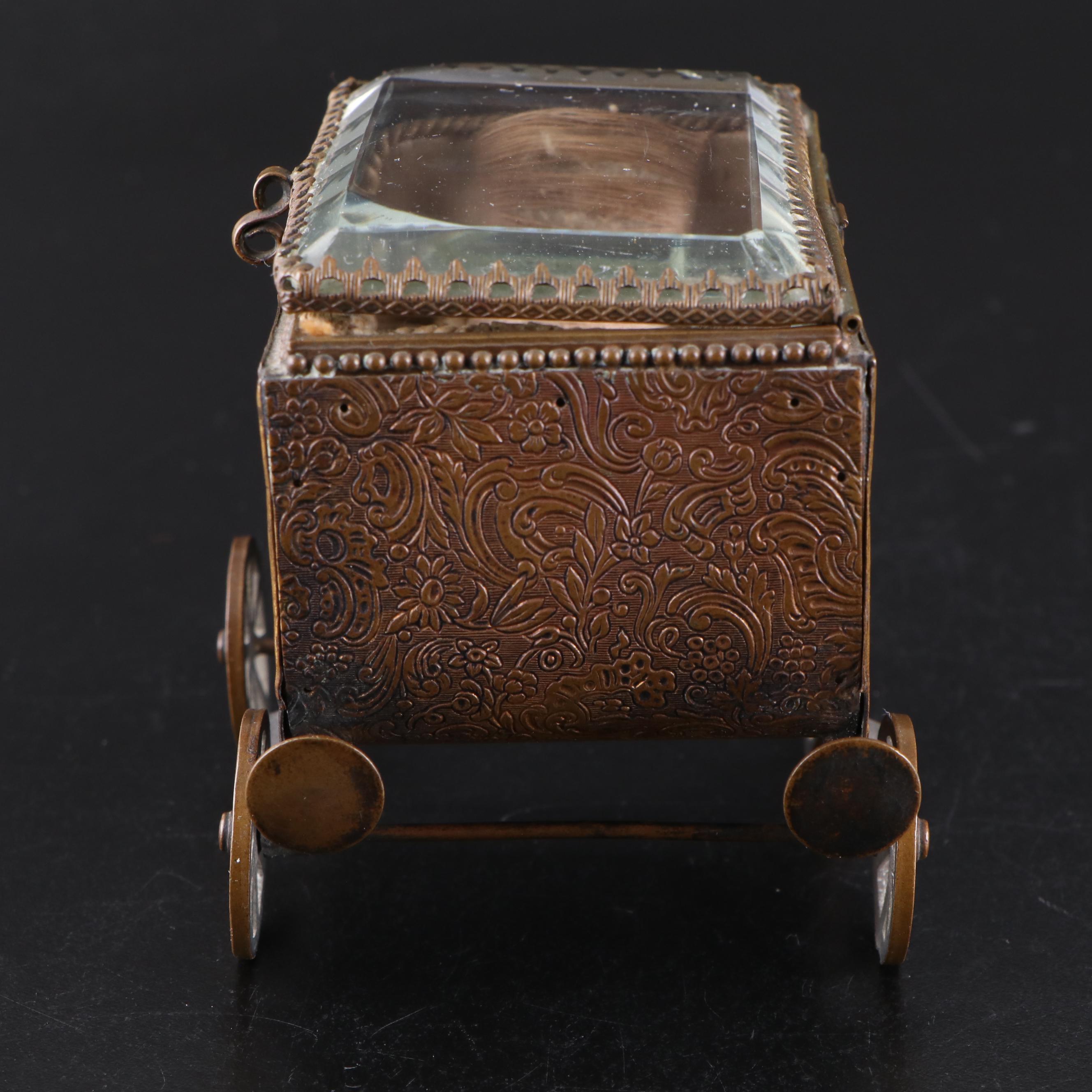 Silk-Lined Bronze Carriage Casket Box with Beveled Crystal Panel, 19th C.