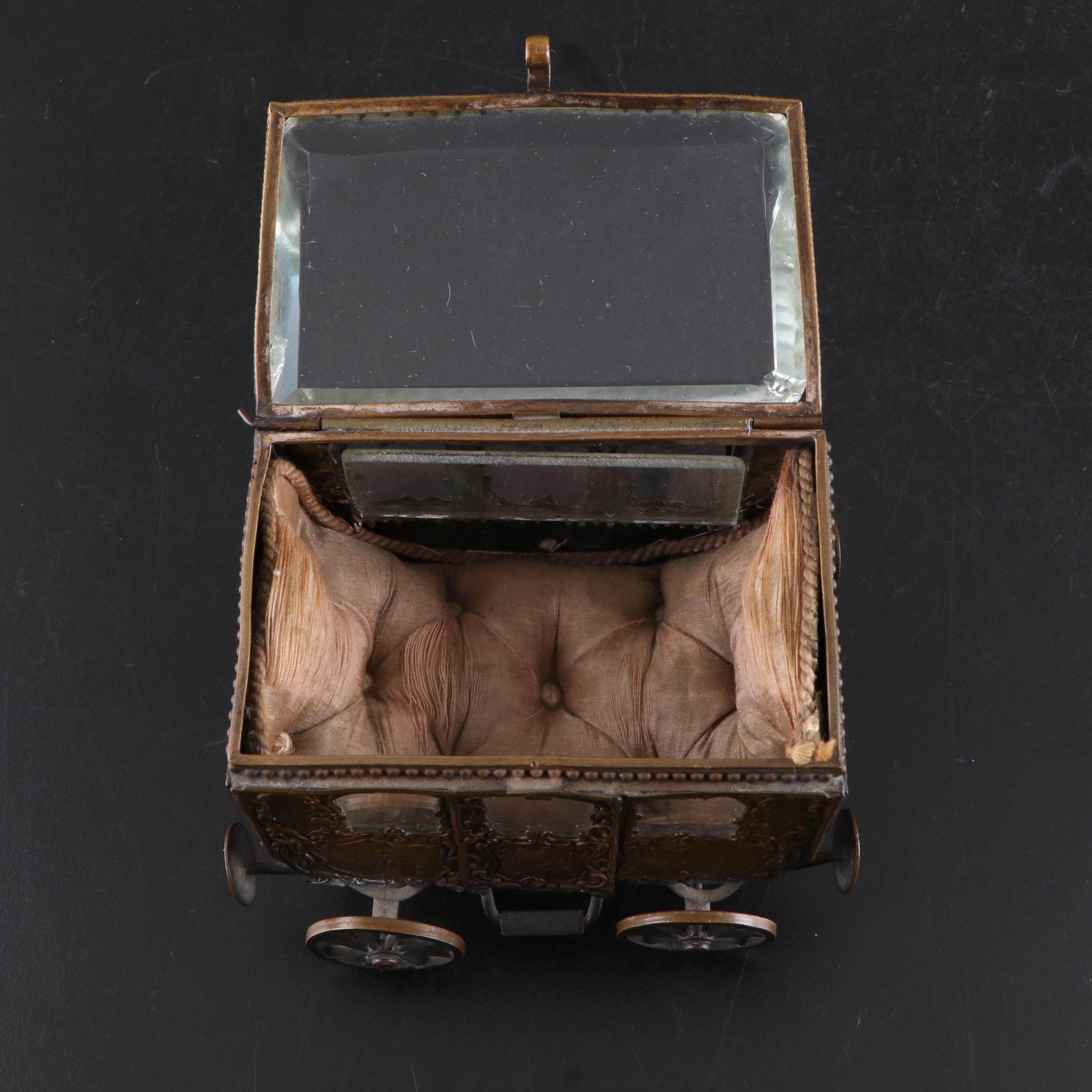 Silk-Lined Bronze Carriage Casket Box with Beveled Crystal Panel, 19th C.