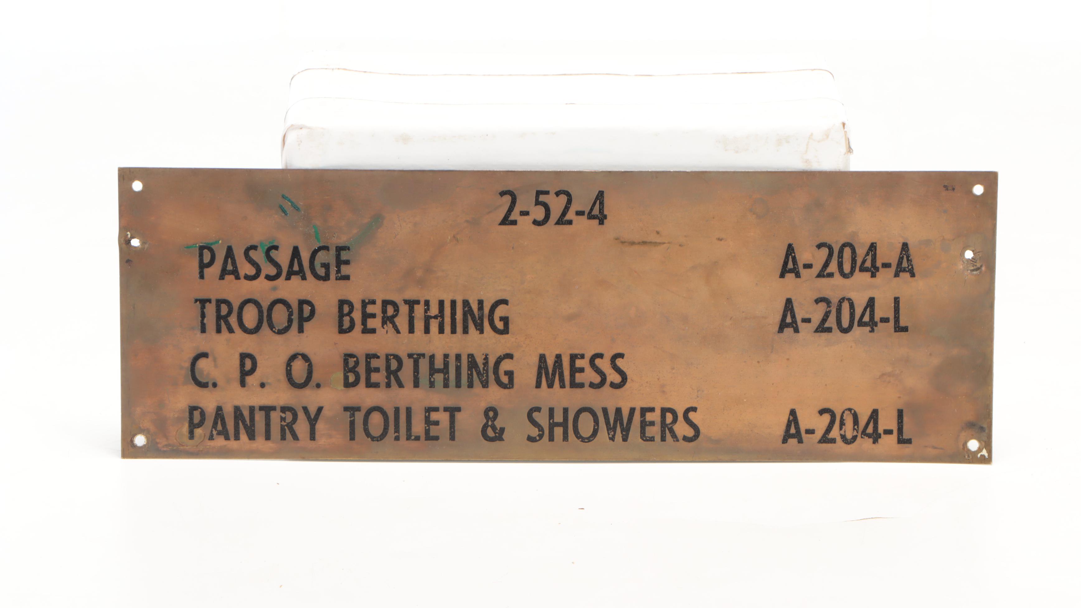 Military Ship's Brass Placard and Vintage Fishing Rod with Canvas Cover