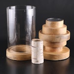 Contemporary Wood and Glass Candle Holders with Faux Birch Log Candle