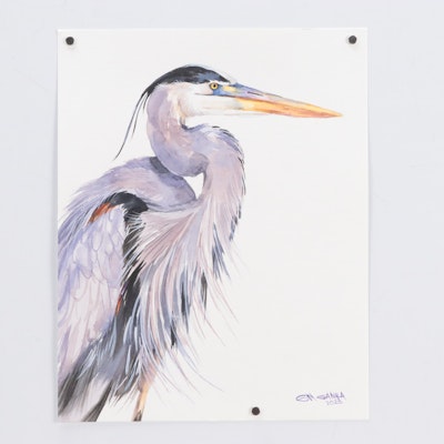 Ganna Melnychenko Watercolor Painting "Great Blue Heron Portrait," 2023