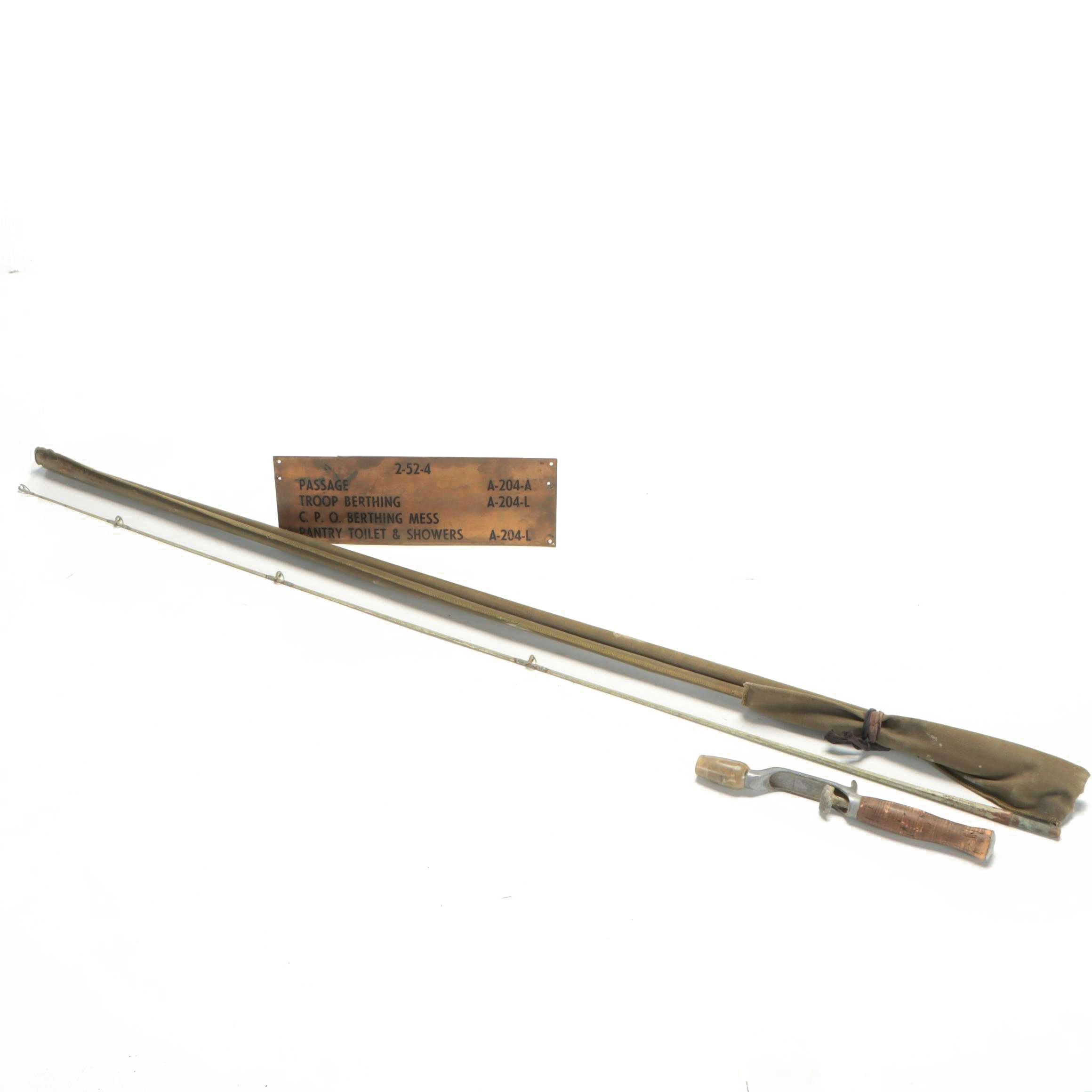 Military Ship's Brass Placard and Vintage Fishing Rod with Canvas Cover