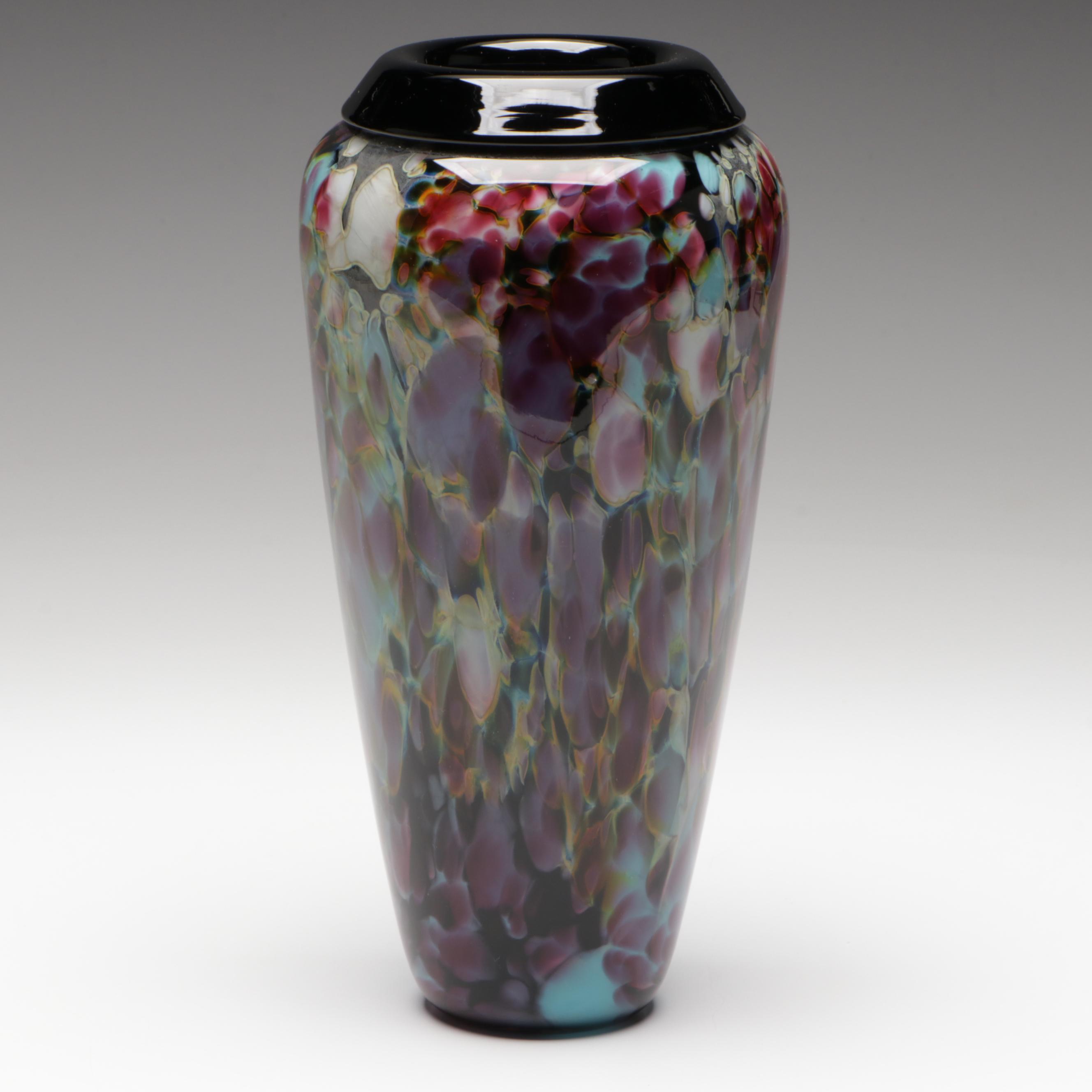 Charlie Correll Handblown Multicolor Mottled Studio Art Glass Vase, 1991