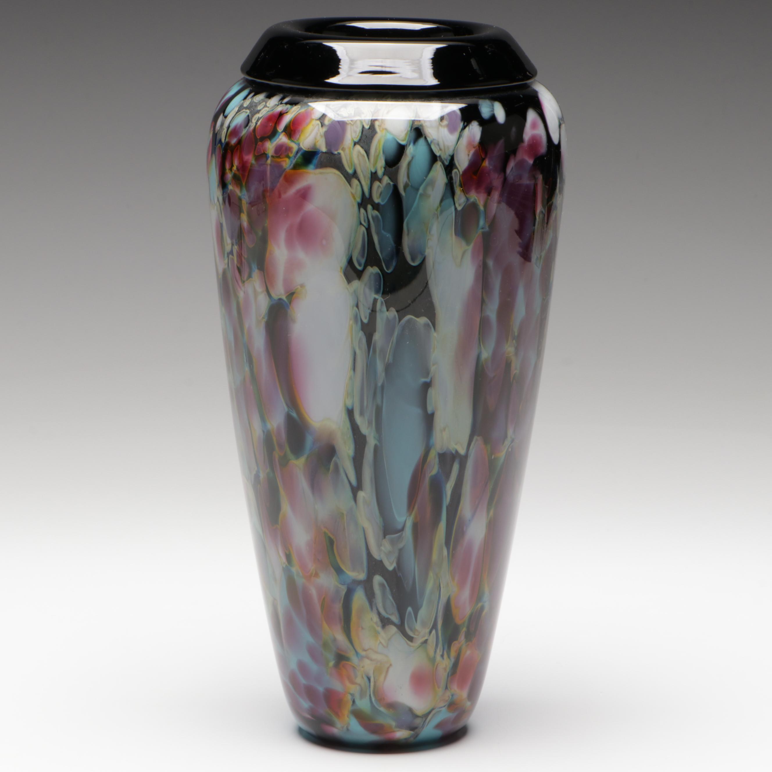 Charlie Correll Handblown Multicolor Mottled Studio Art Glass Vase, 1991