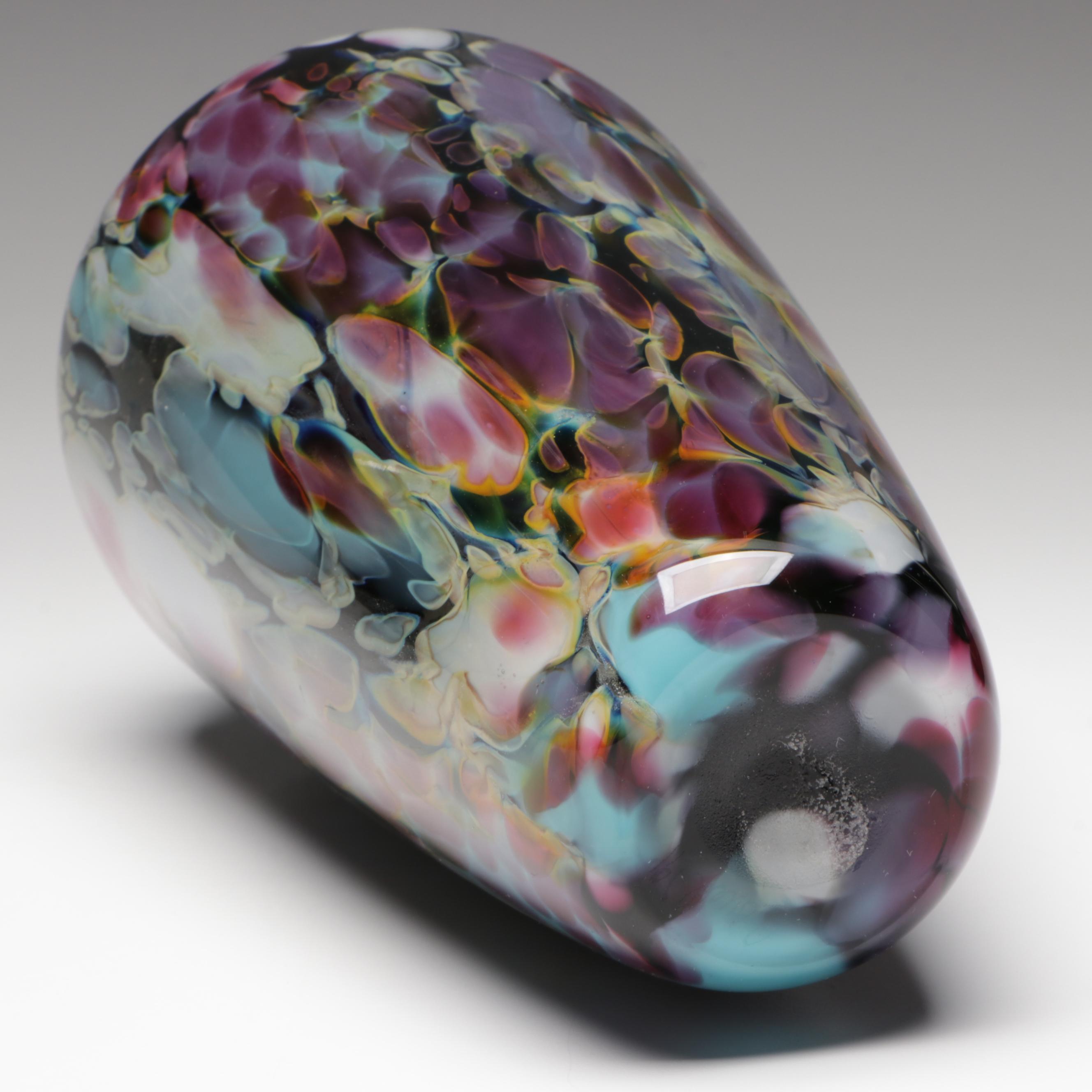 Charlie Correll Handblown Multicolor Mottled Studio Art Glass Vase, 1991