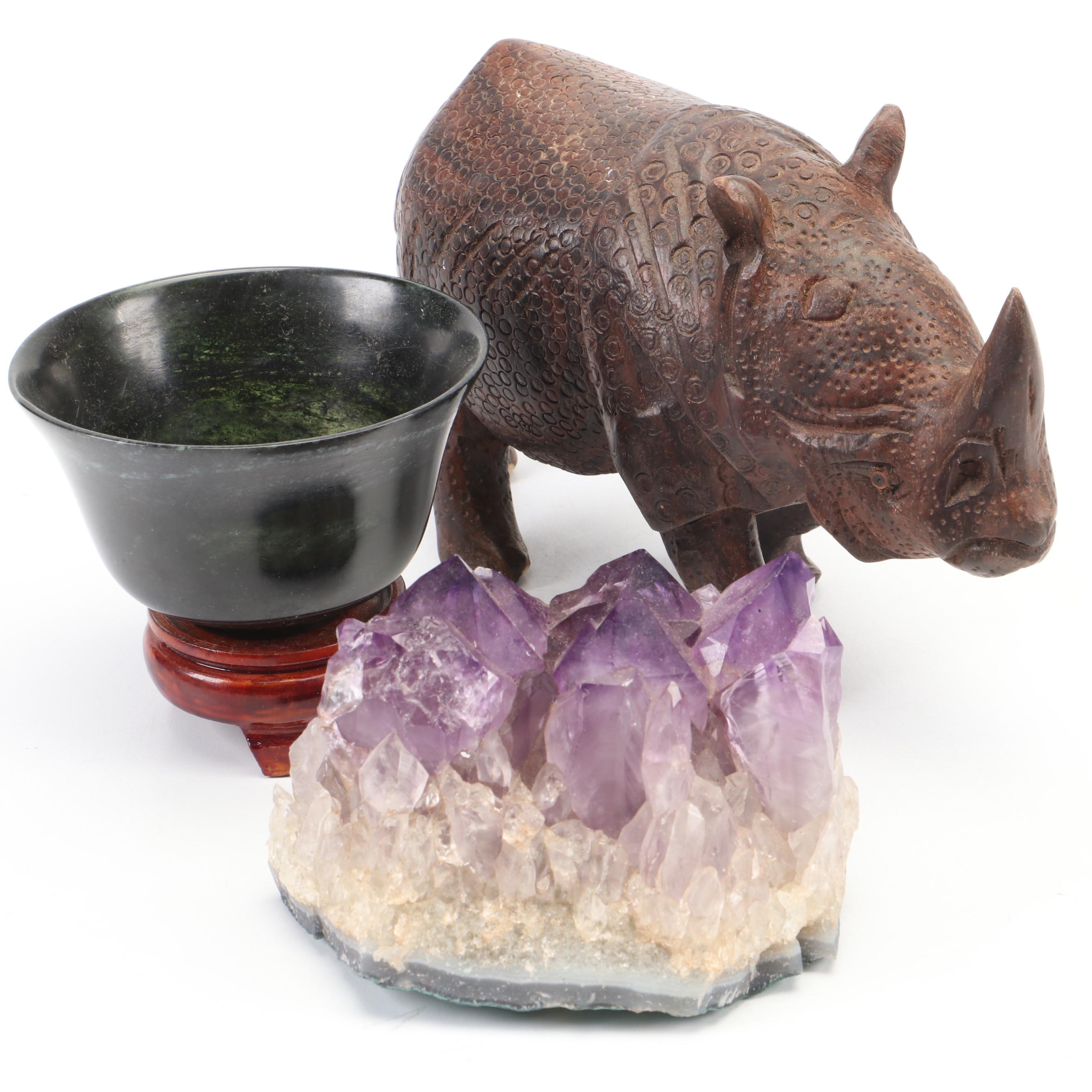 Carved Wood Rhino Figurine with Amethyst Specimen and Serpentine Bowl on Stand