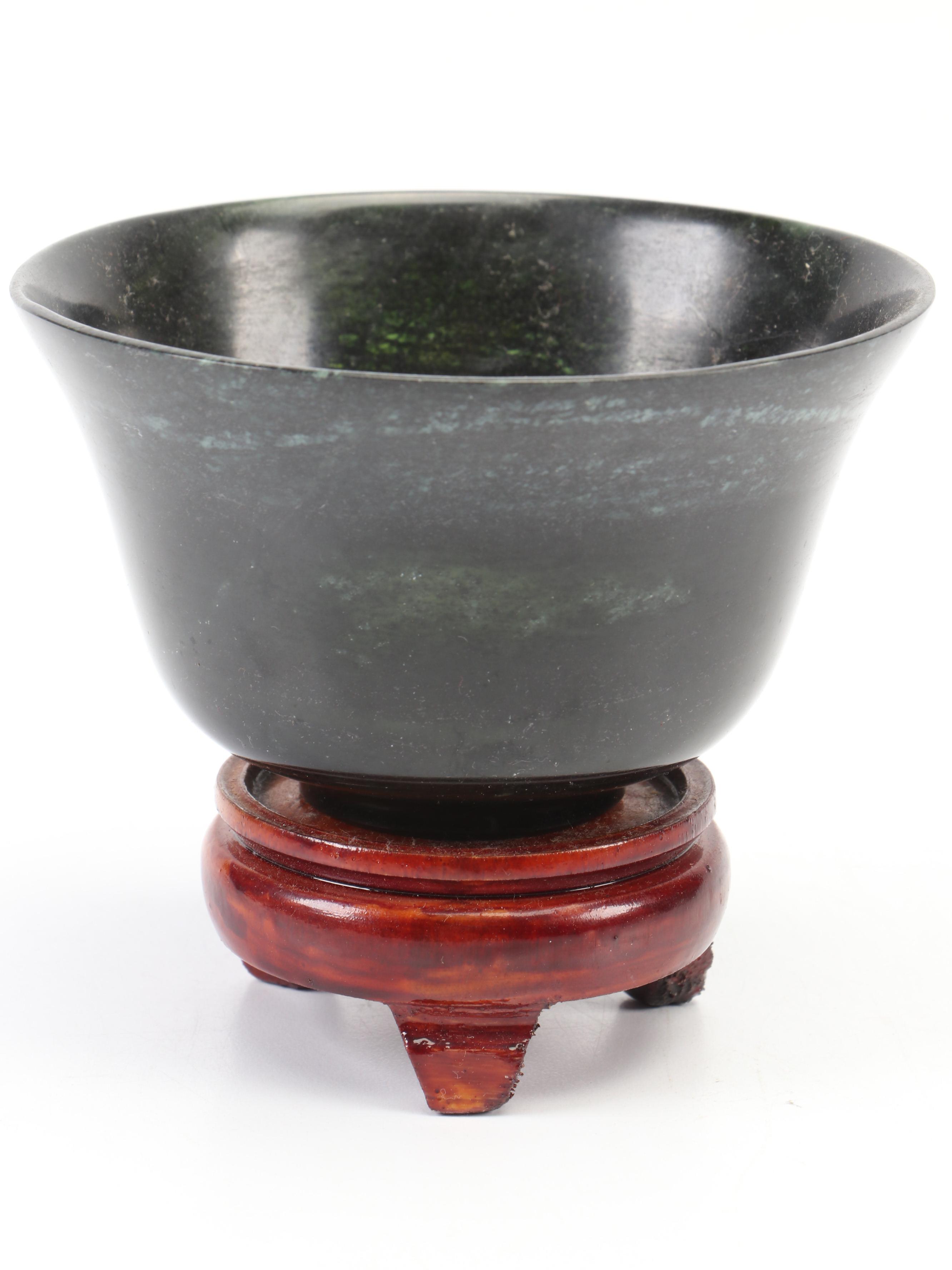 Carved Wood Rhino Figurine with Amethyst Specimen and Serpentine Bowl on Stand