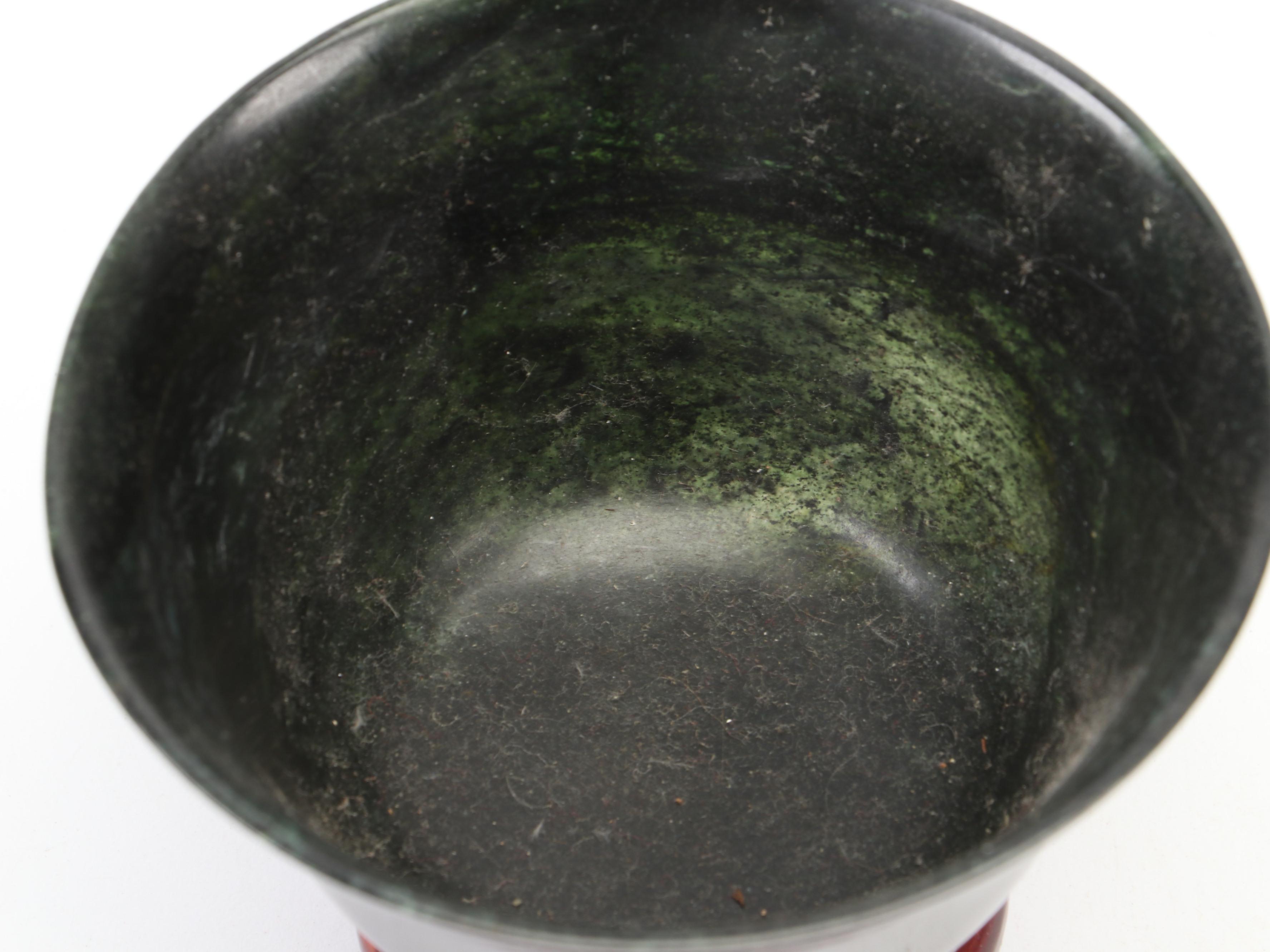 Carved Wood Rhino Figurine with Amethyst Specimen and Serpentine Bowl on Stand