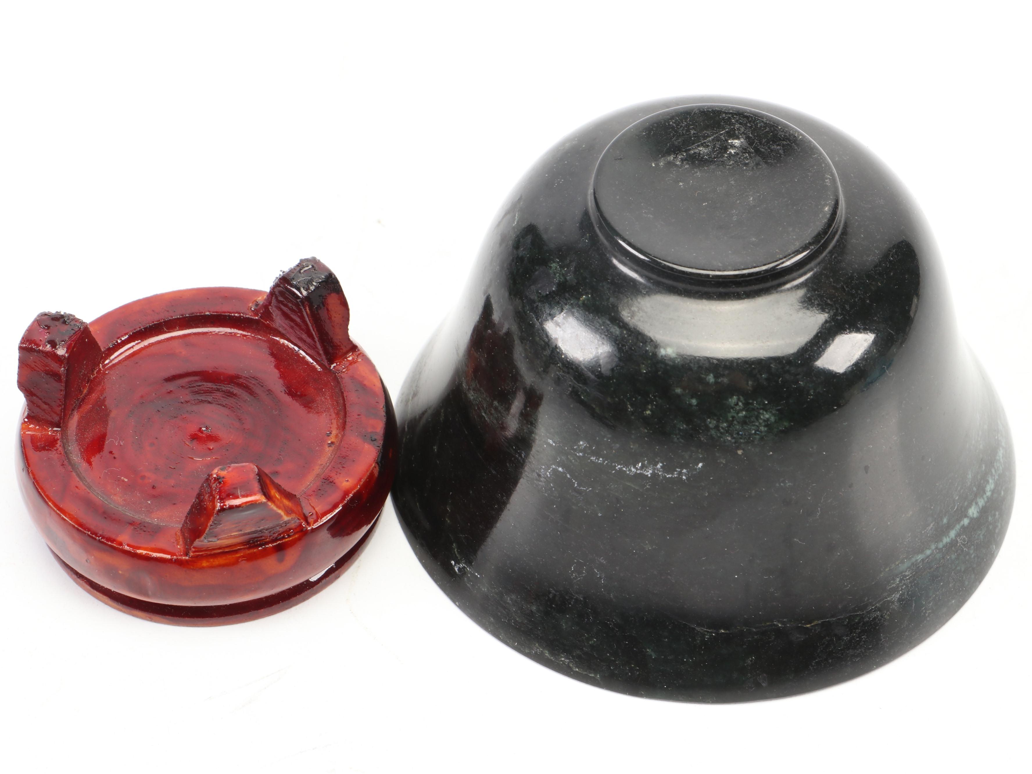 Carved Wood Rhino Figurine with Amethyst Specimen and Serpentine Bowl on Stand