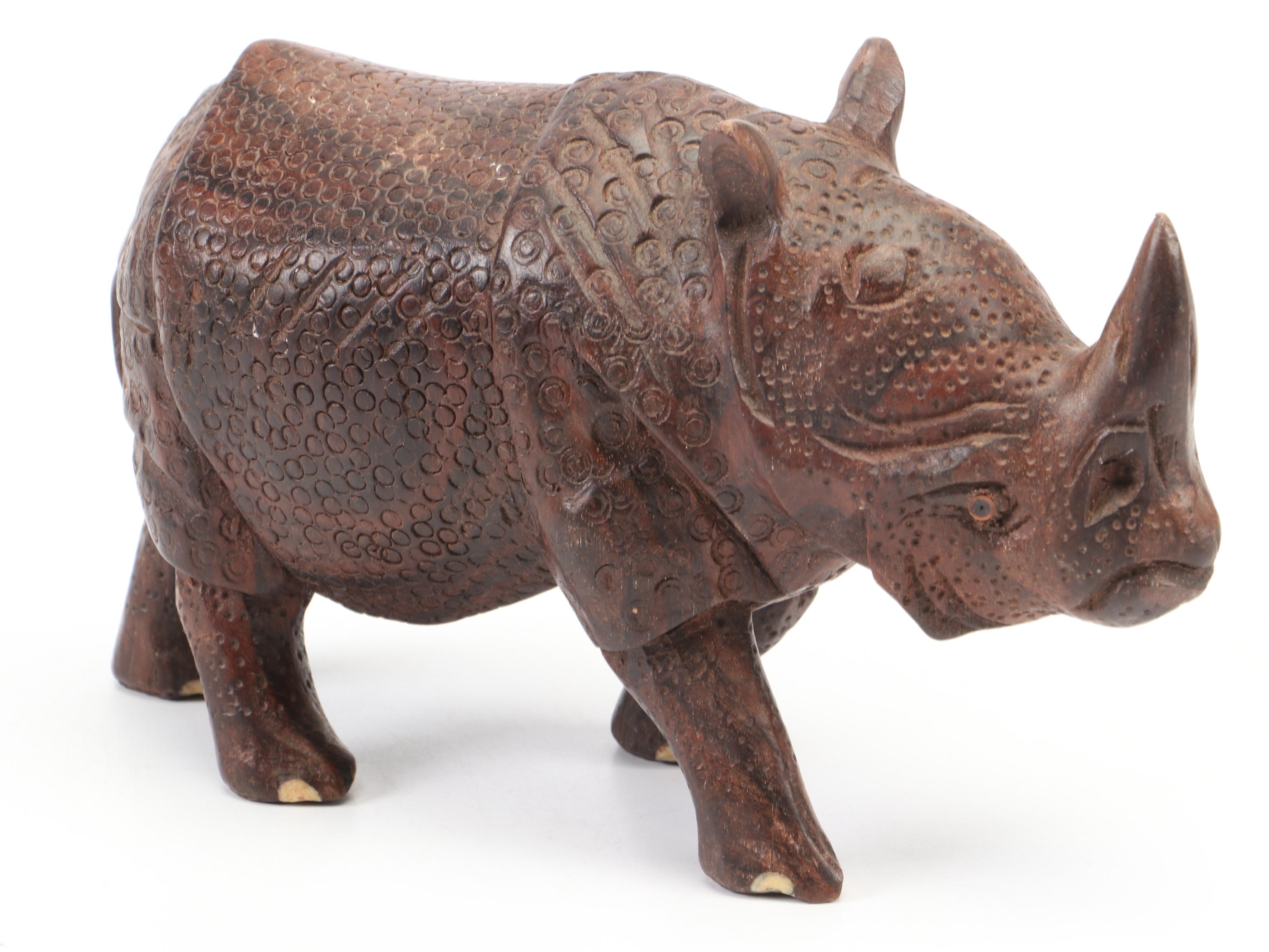Carved Wood Rhino Figurine with Amethyst Specimen and Serpentine Bowl on Stand