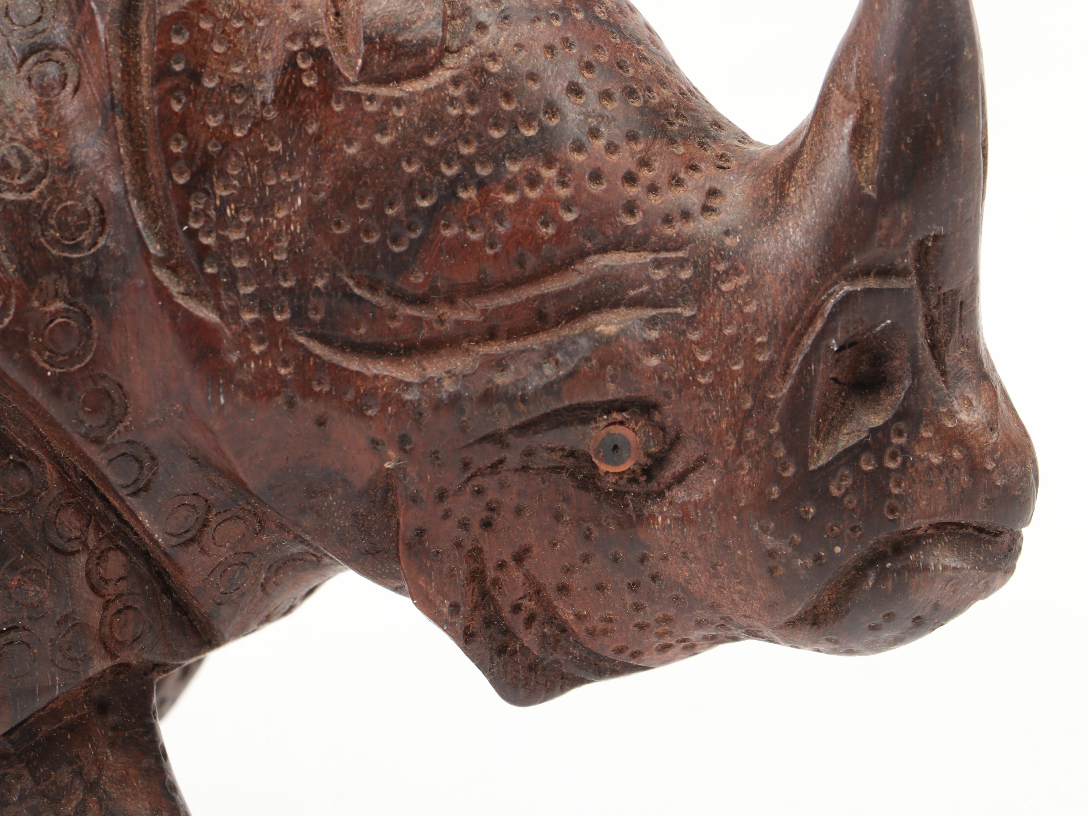 Carved Wood Rhino Figurine with Amethyst Specimen and Serpentine Bowl on Stand