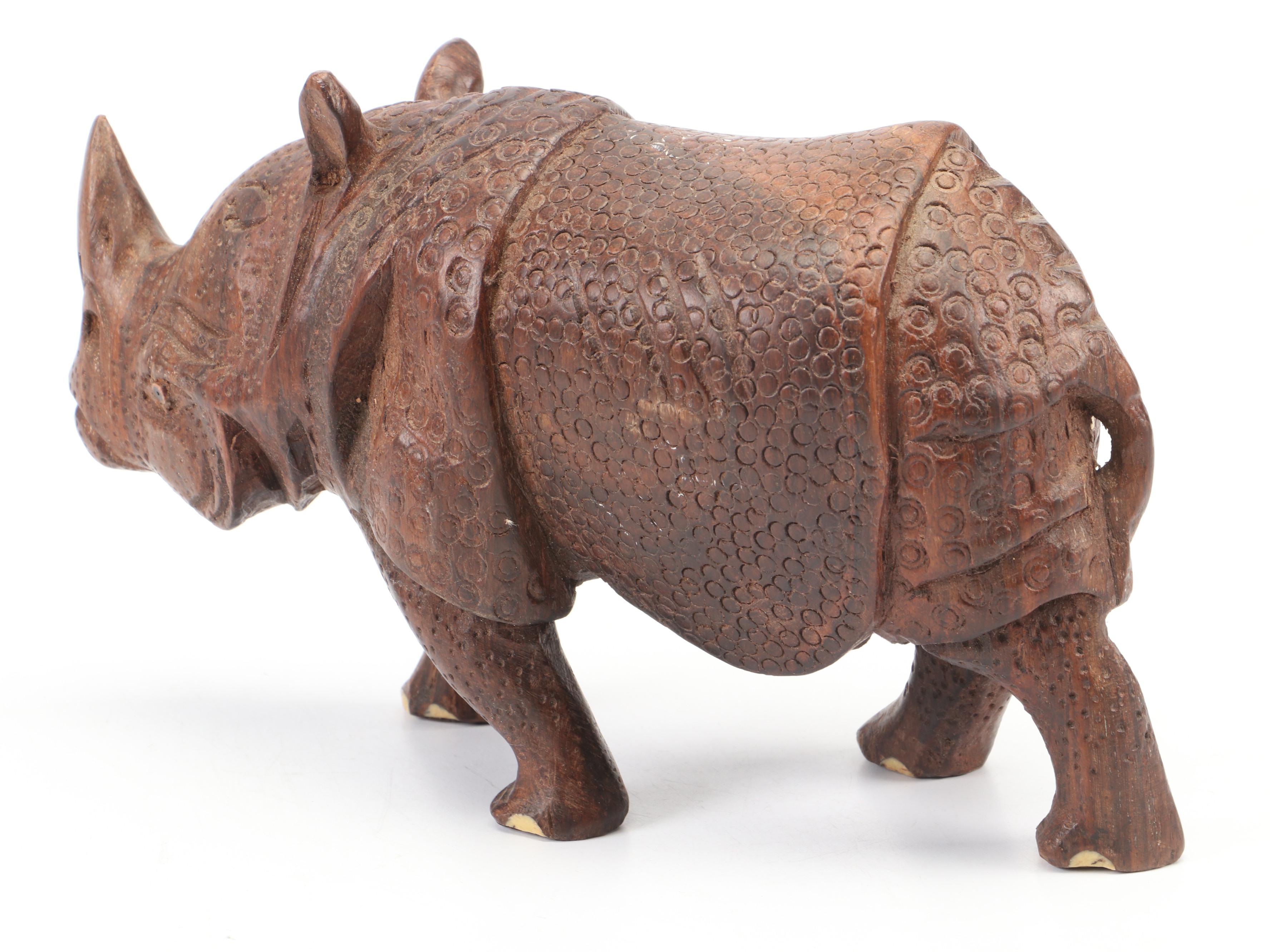 Carved Wood Rhino Figurine with Amethyst Specimen and Serpentine Bowl on Stand