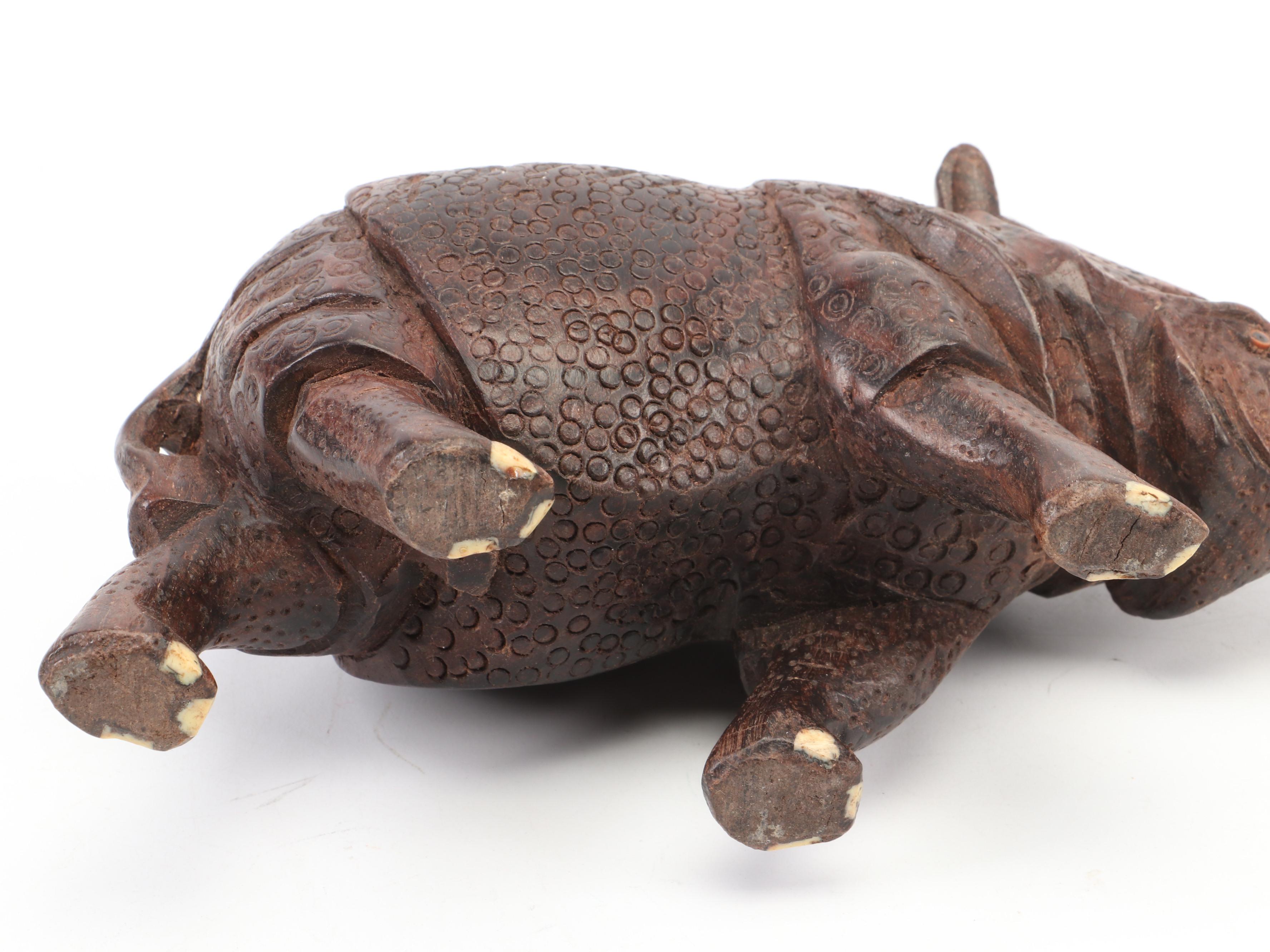 Carved Wood Rhino Figurine with Amethyst Specimen and Serpentine Bowl on Stand