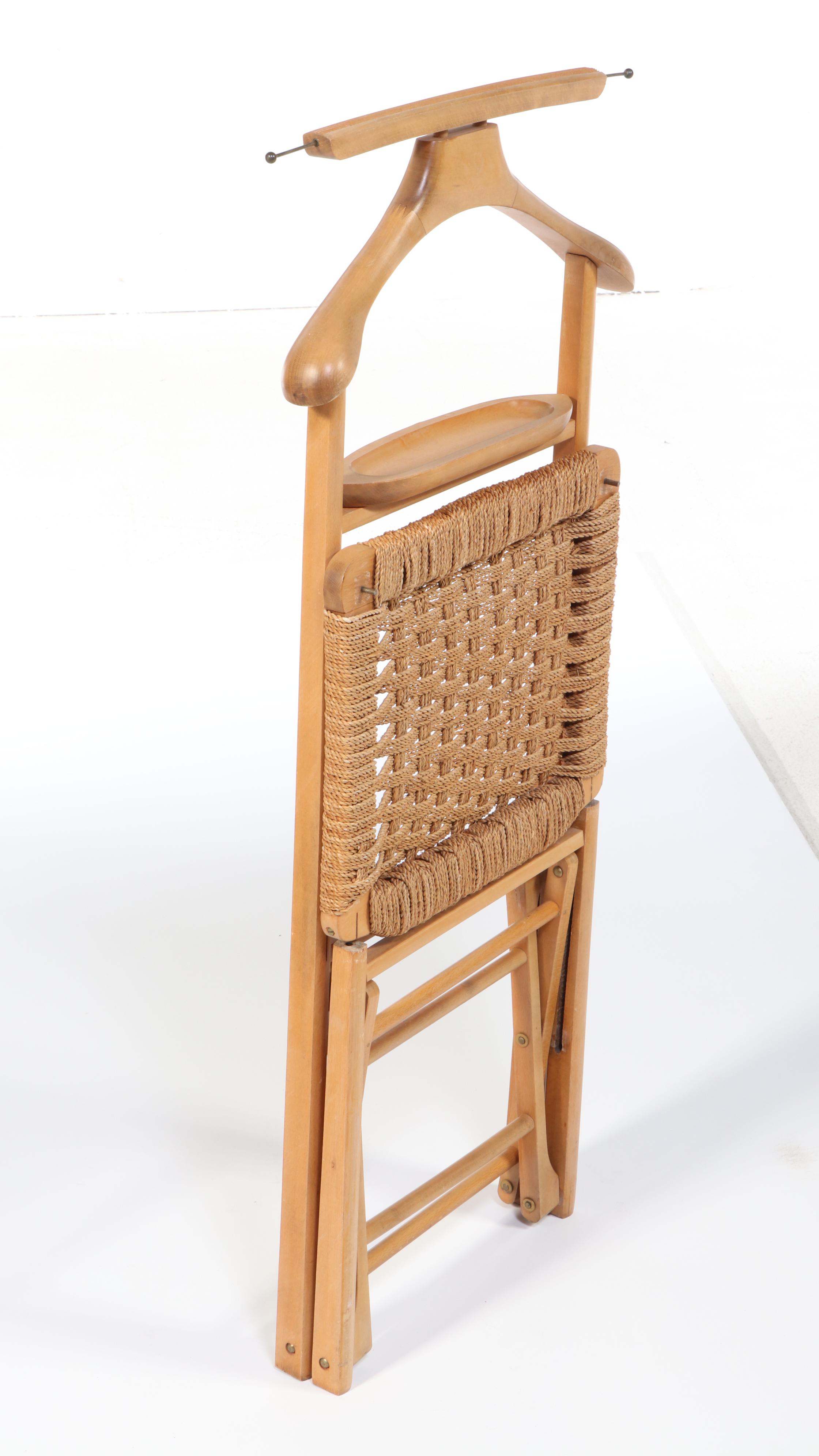 Mid Century Modern Beech and Woven Cord Folding Valet Chair
