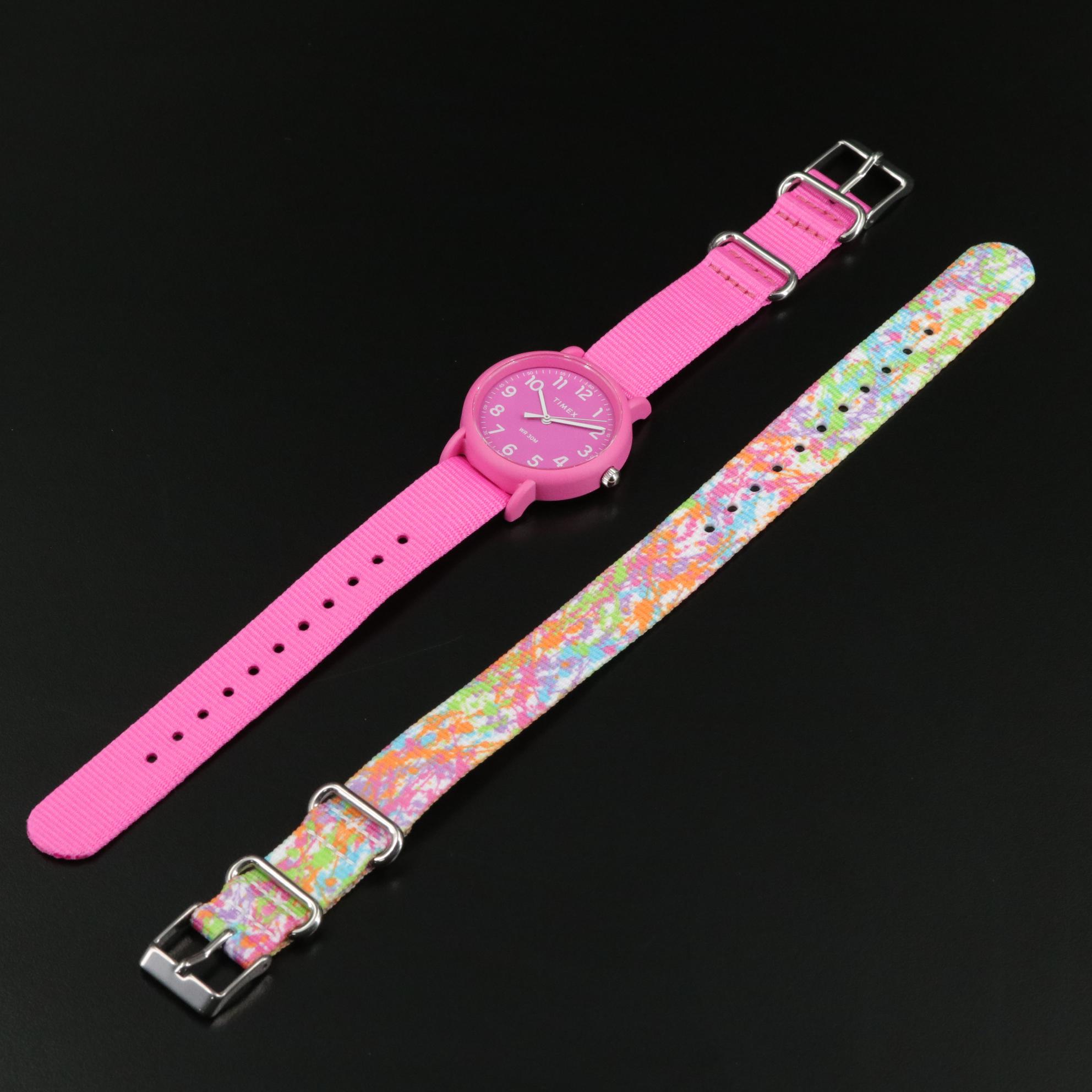 Timex Weekender Color Rush Quartz Watch in Pink with Multicolored Fabric Strap