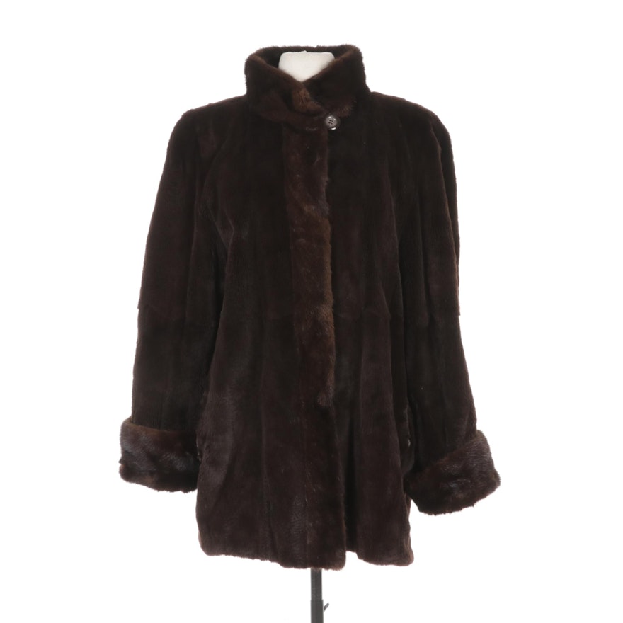 Dark Brown Sheared Rabbit Coat With Mink Collar, Cuffs and Center Front