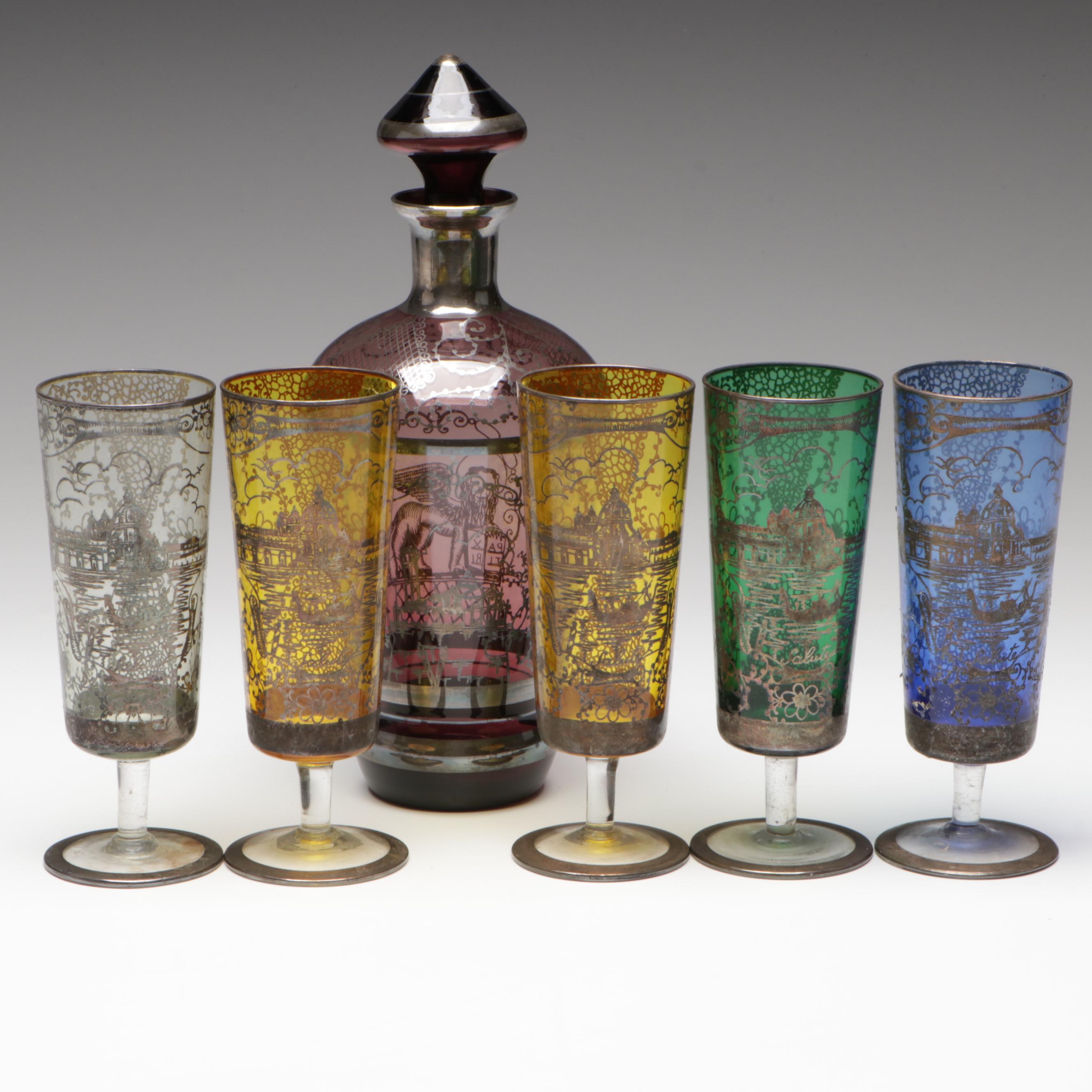 Venetian Colored Glass Decanter and Wine Glasses with Silver Overlay
