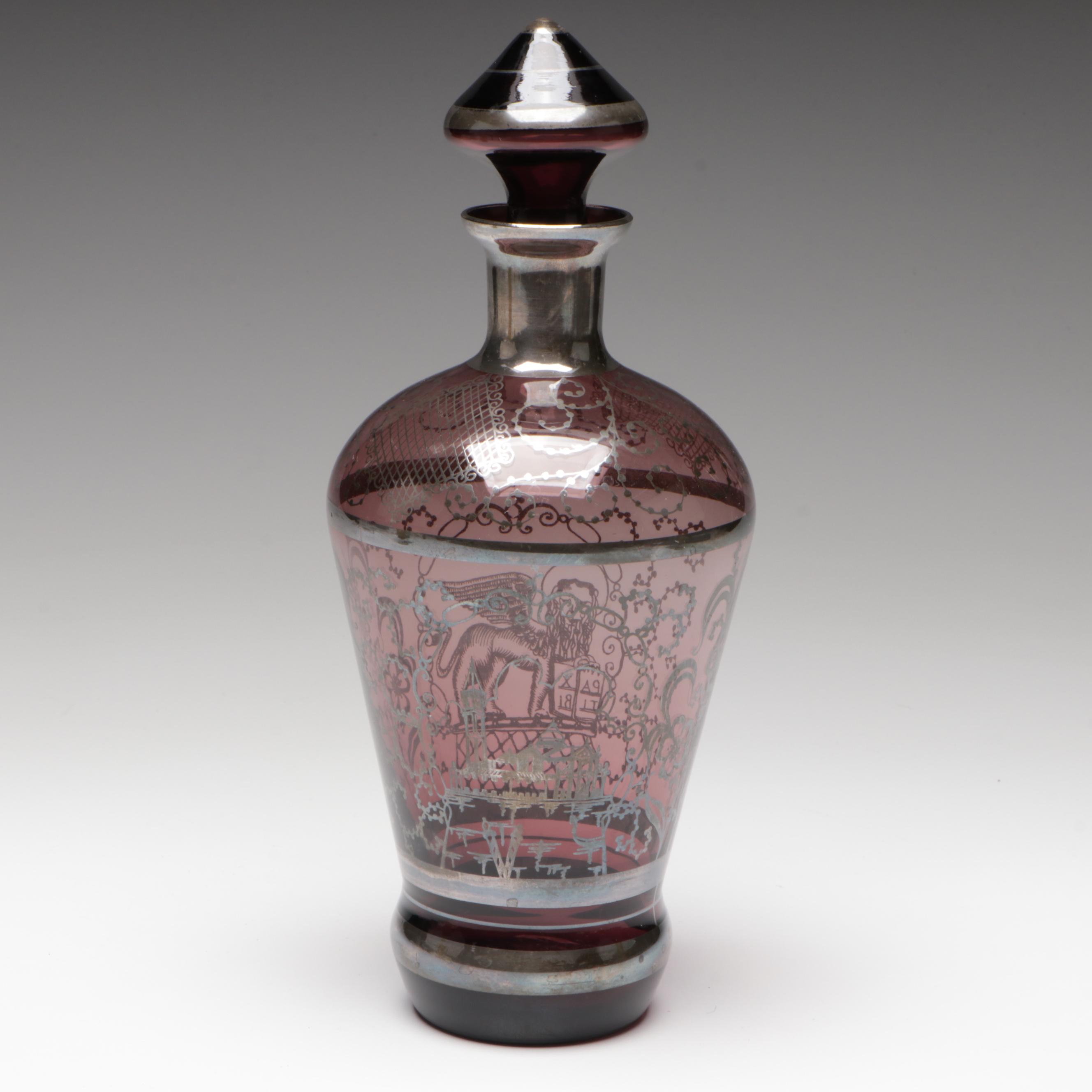 Venetian Colored Glass Decanter and Wine Glasses with Silver Overlay