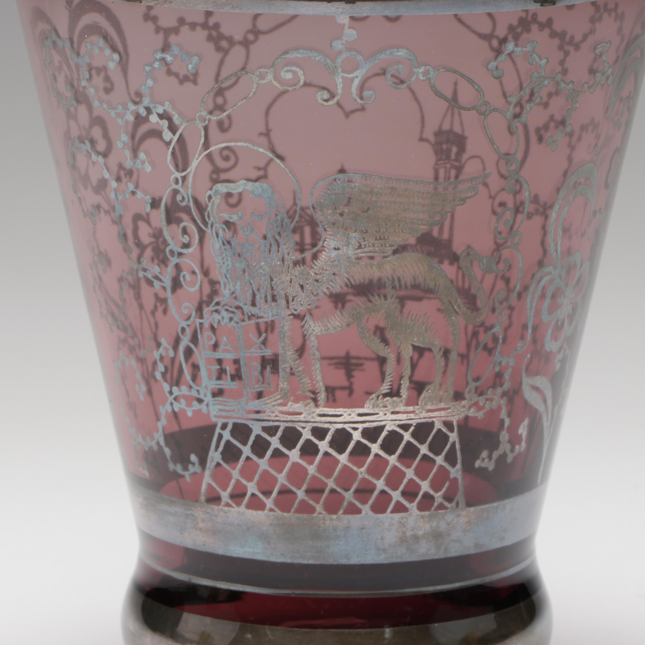 Venetian Colored Glass Decanter and Wine Glasses with Silver Overlay