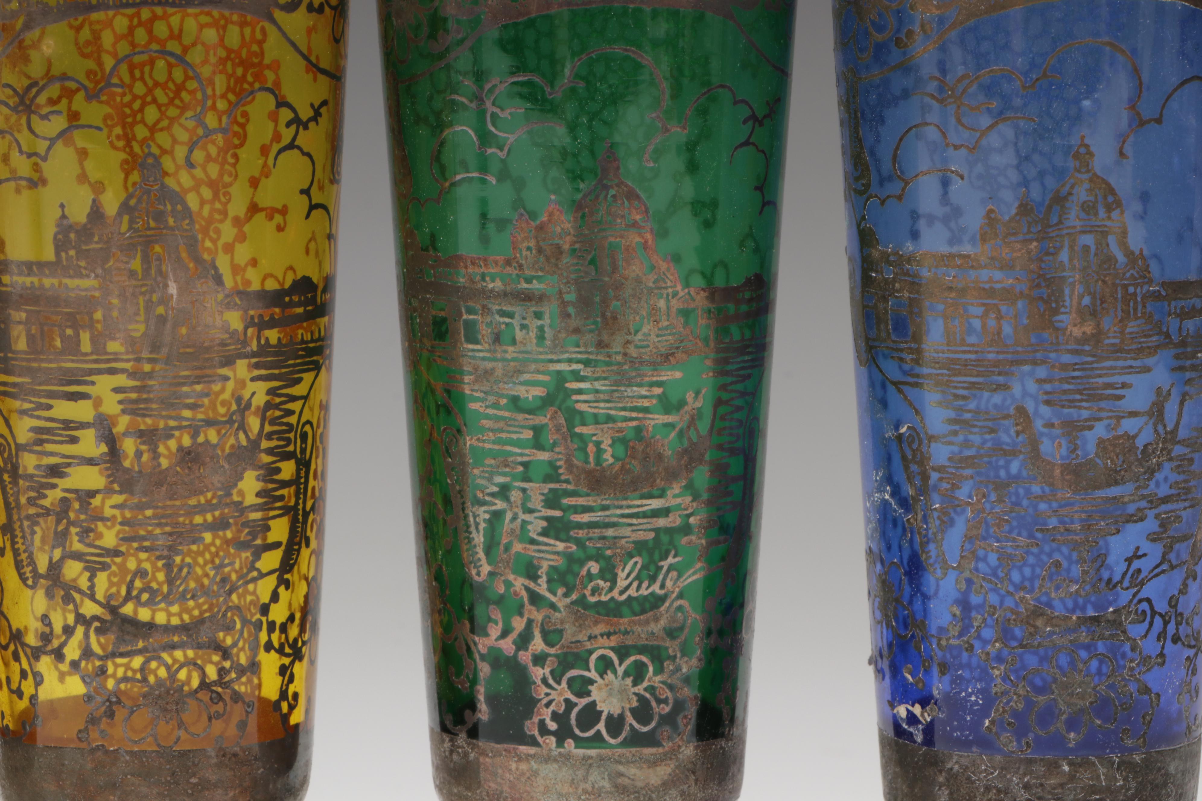 Venetian Colored Glass Decanter and Wine Glasses with Silver Overlay