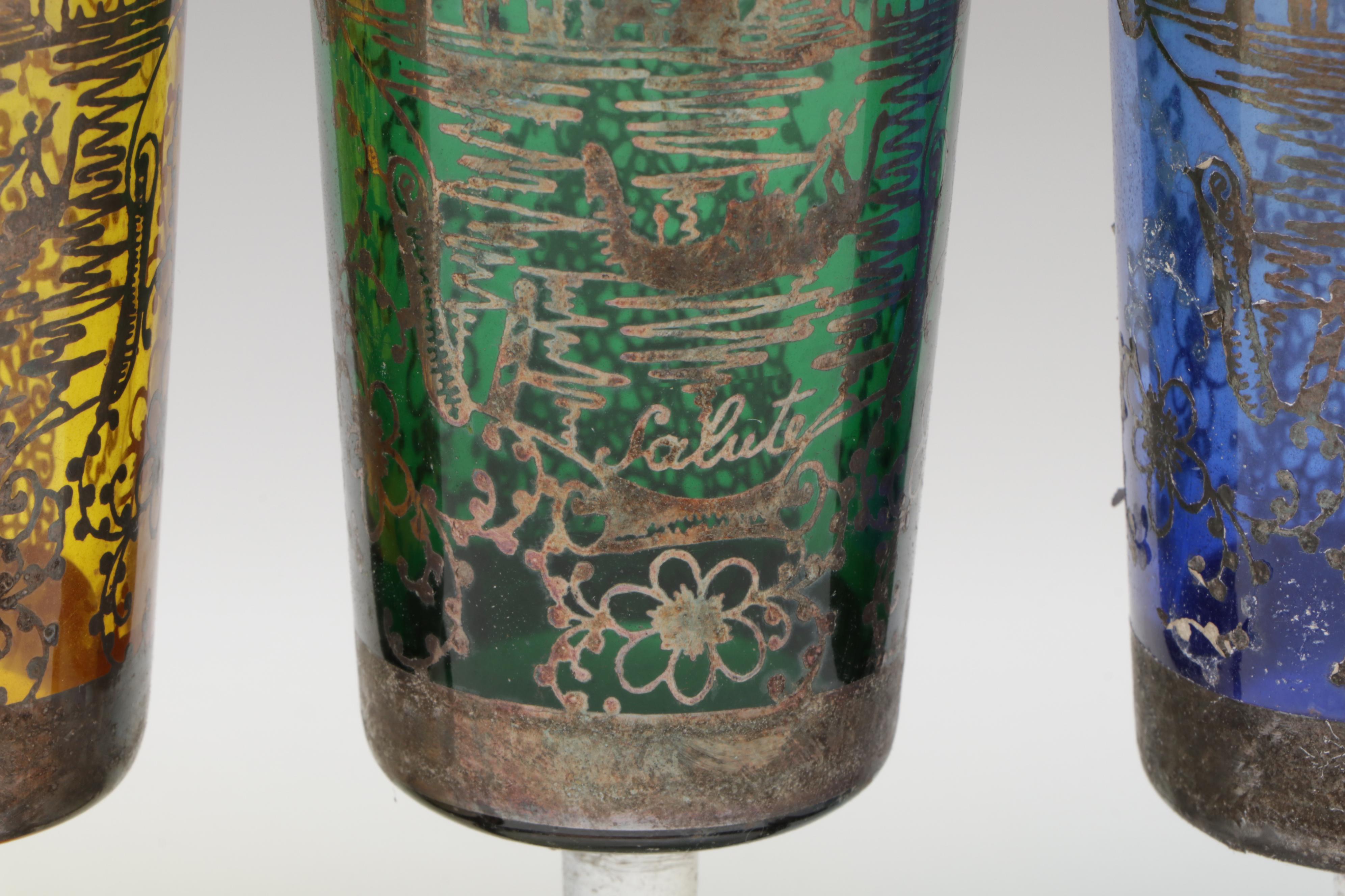 Venetian Colored Glass Decanter and Wine Glasses with Silver Overlay