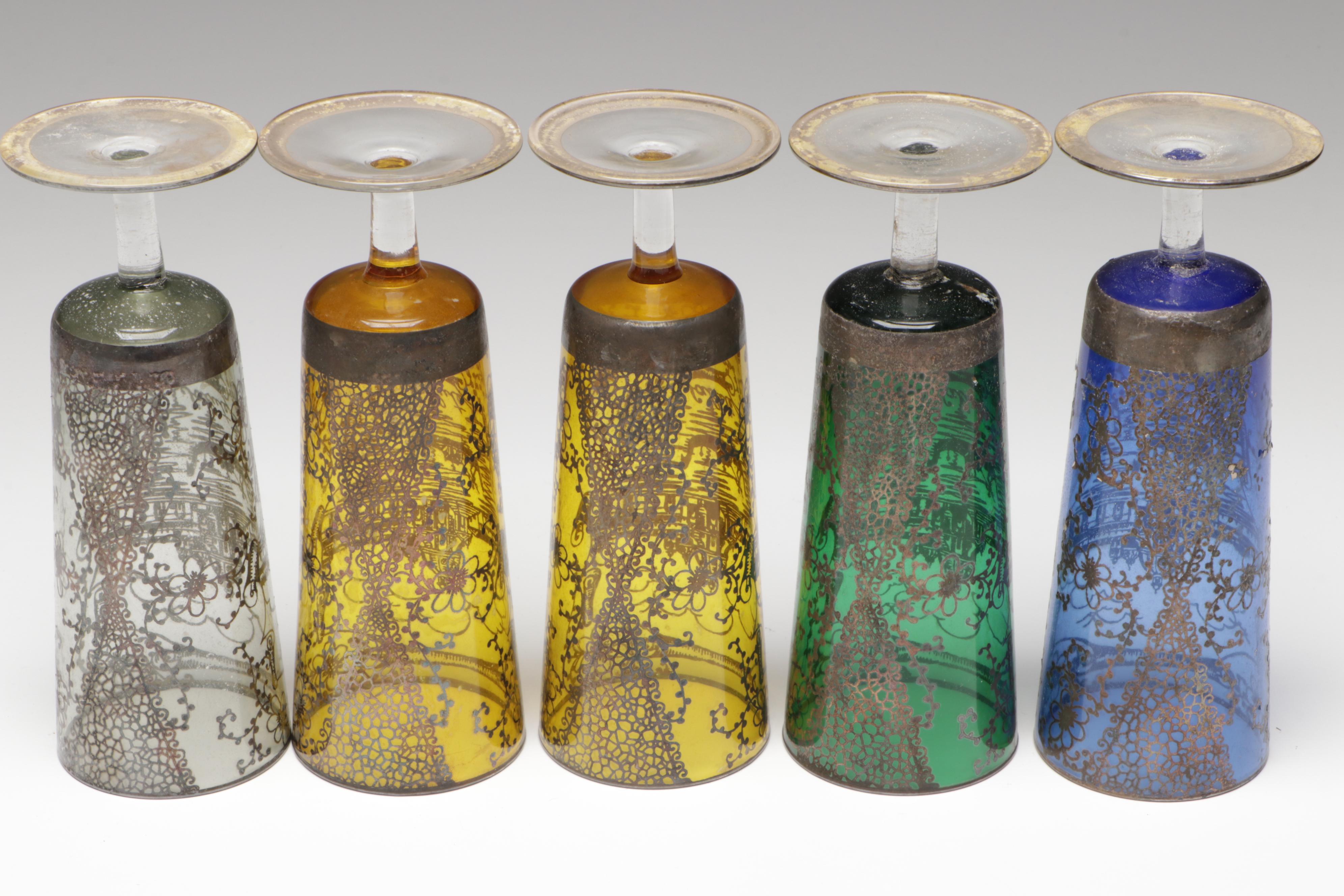 Venetian Colored Glass Decanter and Wine Glasses with Silver Overlay