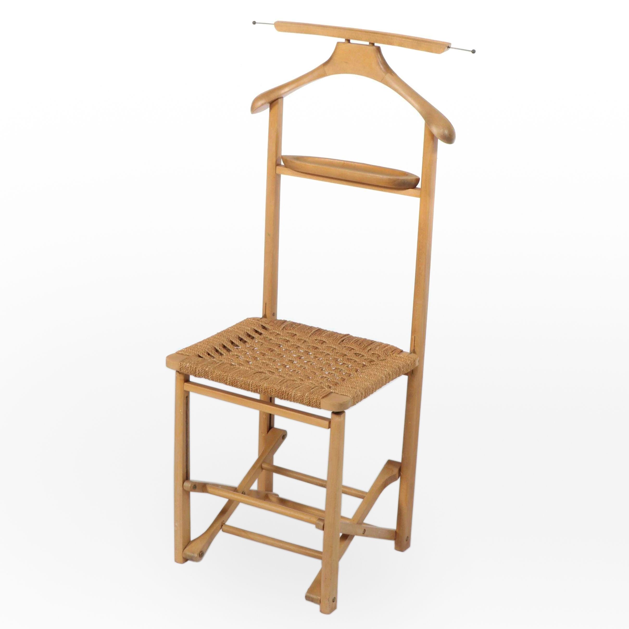 Mid Century Modern Beech and Woven Cord Folding Valet Chair