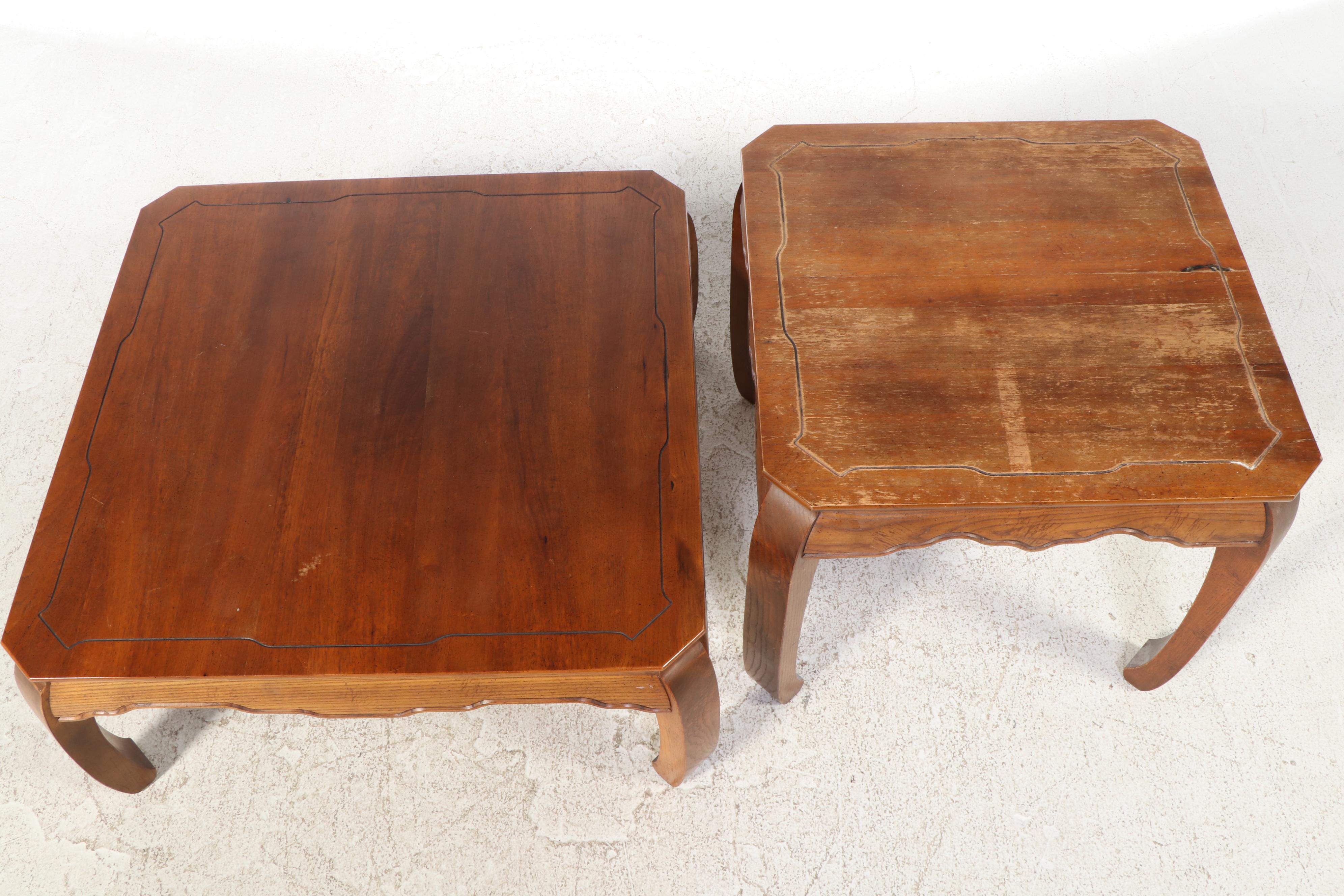 Lane "Virginia Maid" Chinese Style Walnut and Oak Coffee Table and Side Table