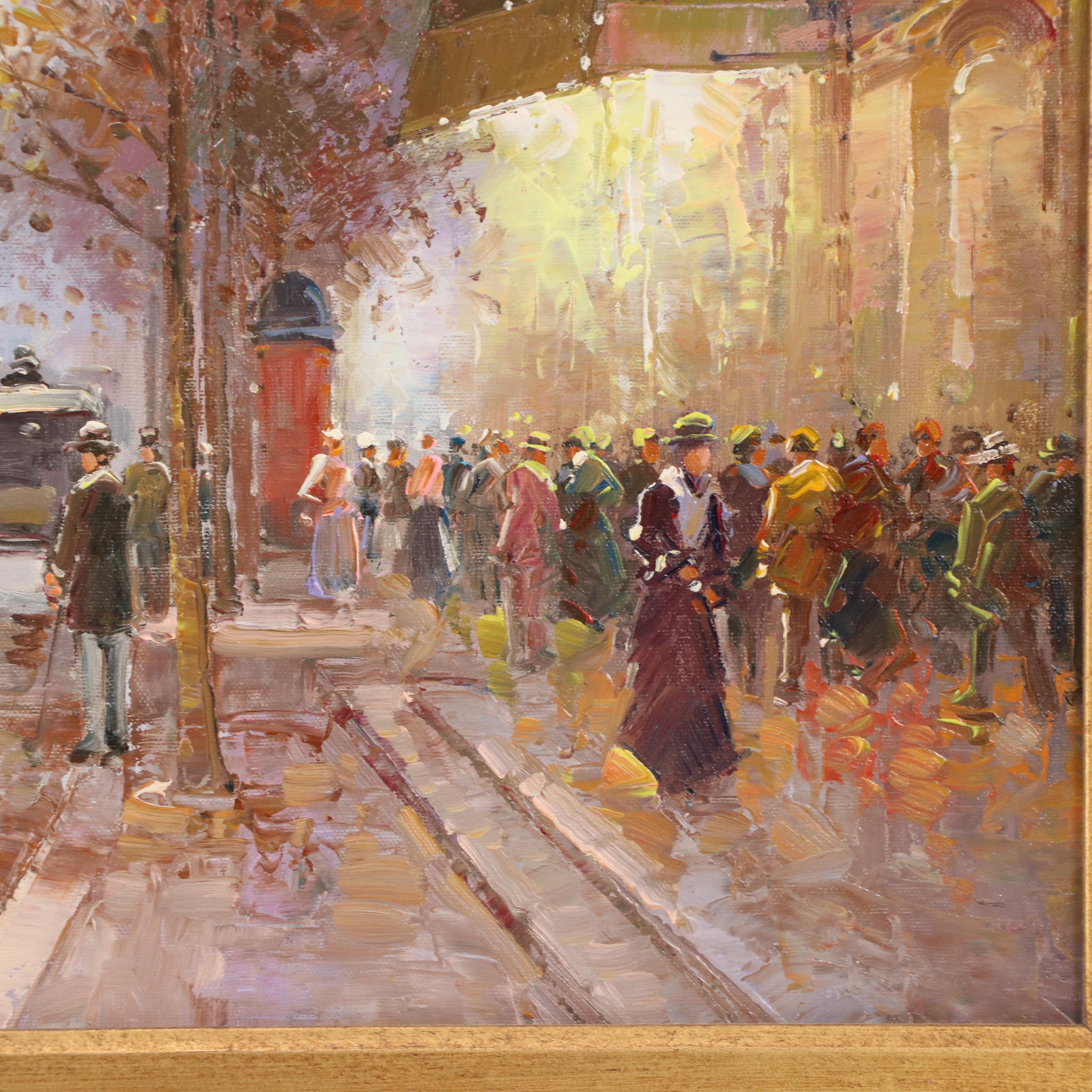 T. E. Pencke Oil Painting of European Street Scene with Figures