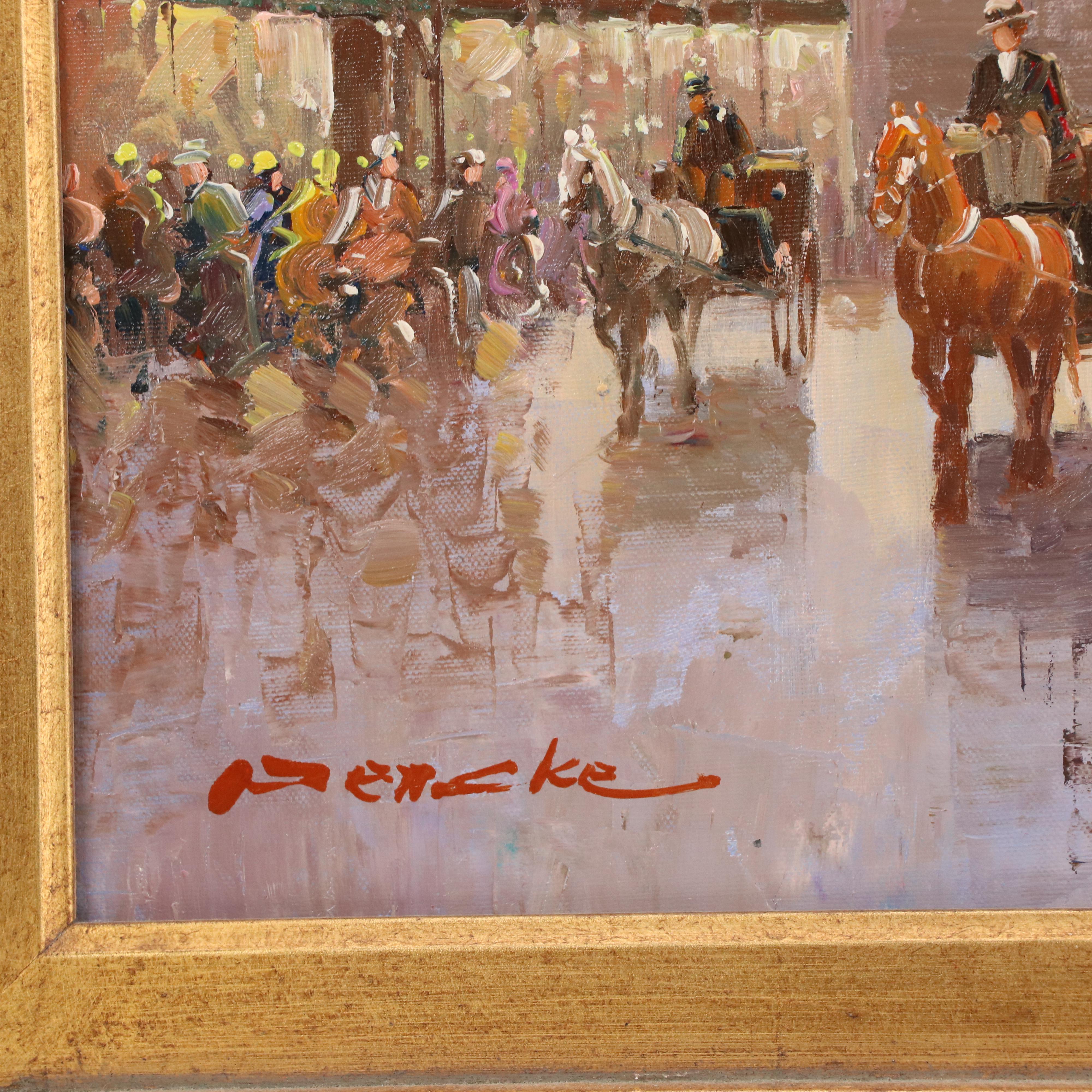 T. E. Pencke Oil Painting of European Street Scene with Figures