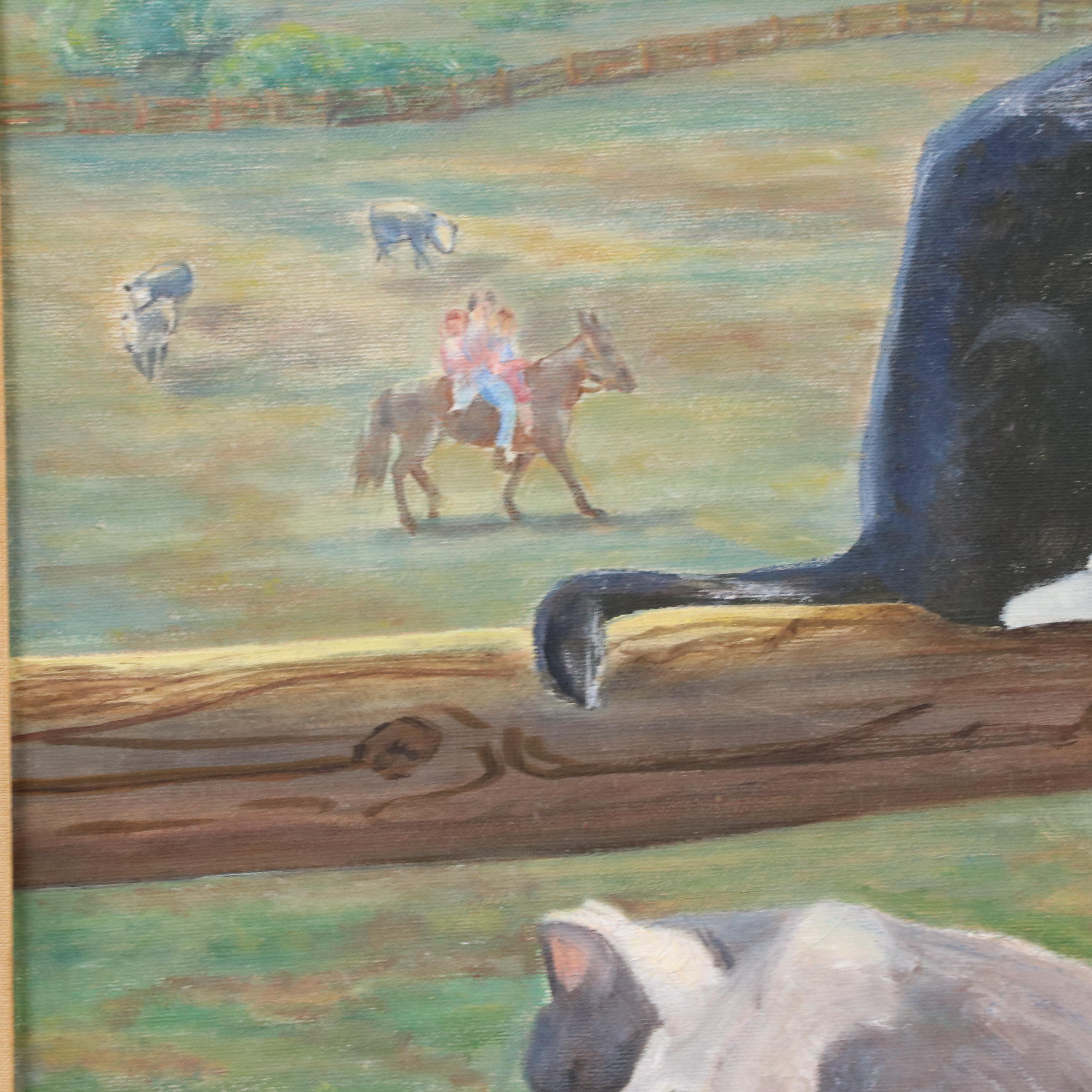 Marilyn Burkhardt Oil Painting of Three Cats on a Fence, 1979