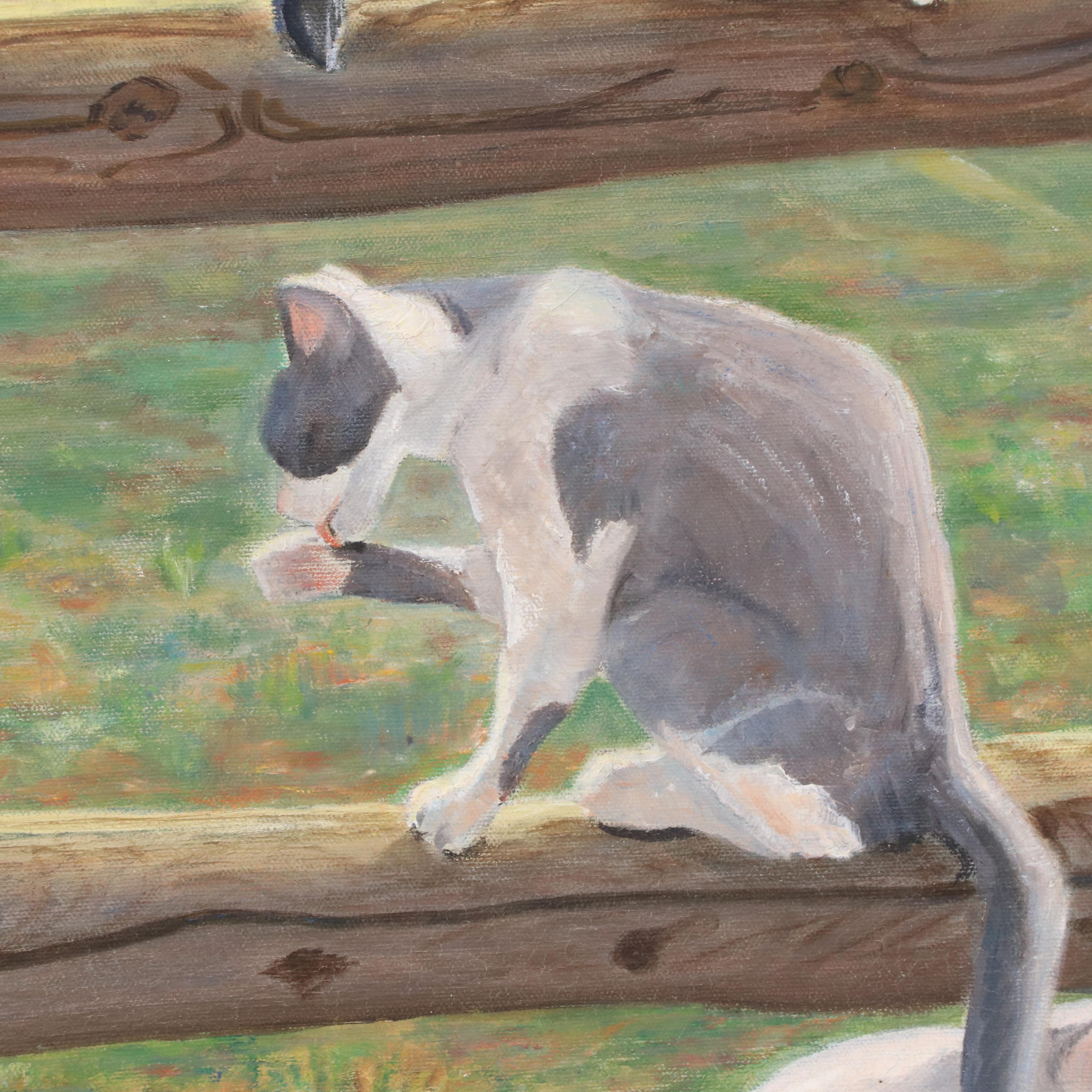 Marilyn Burkhardt Oil Painting of Three Cats on a Fence, 1979
