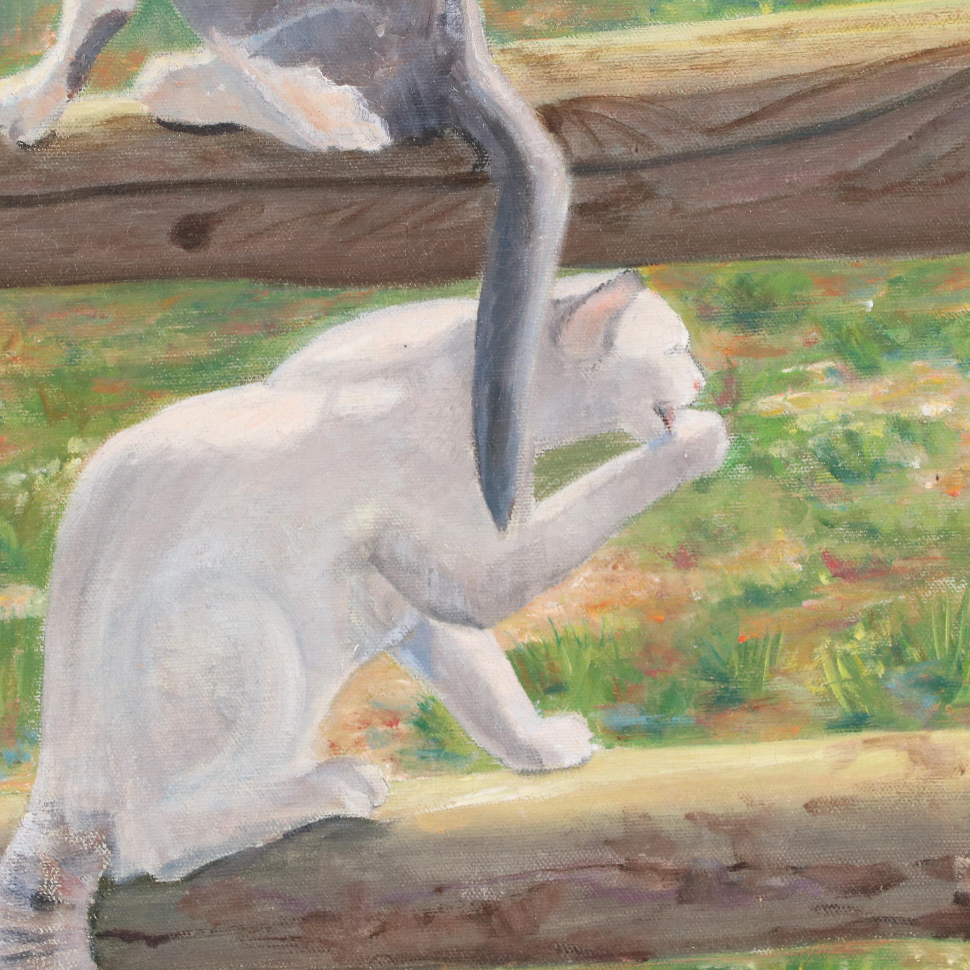 Marilyn Burkhardt Oil Painting of Three Cats on a Fence, 1979