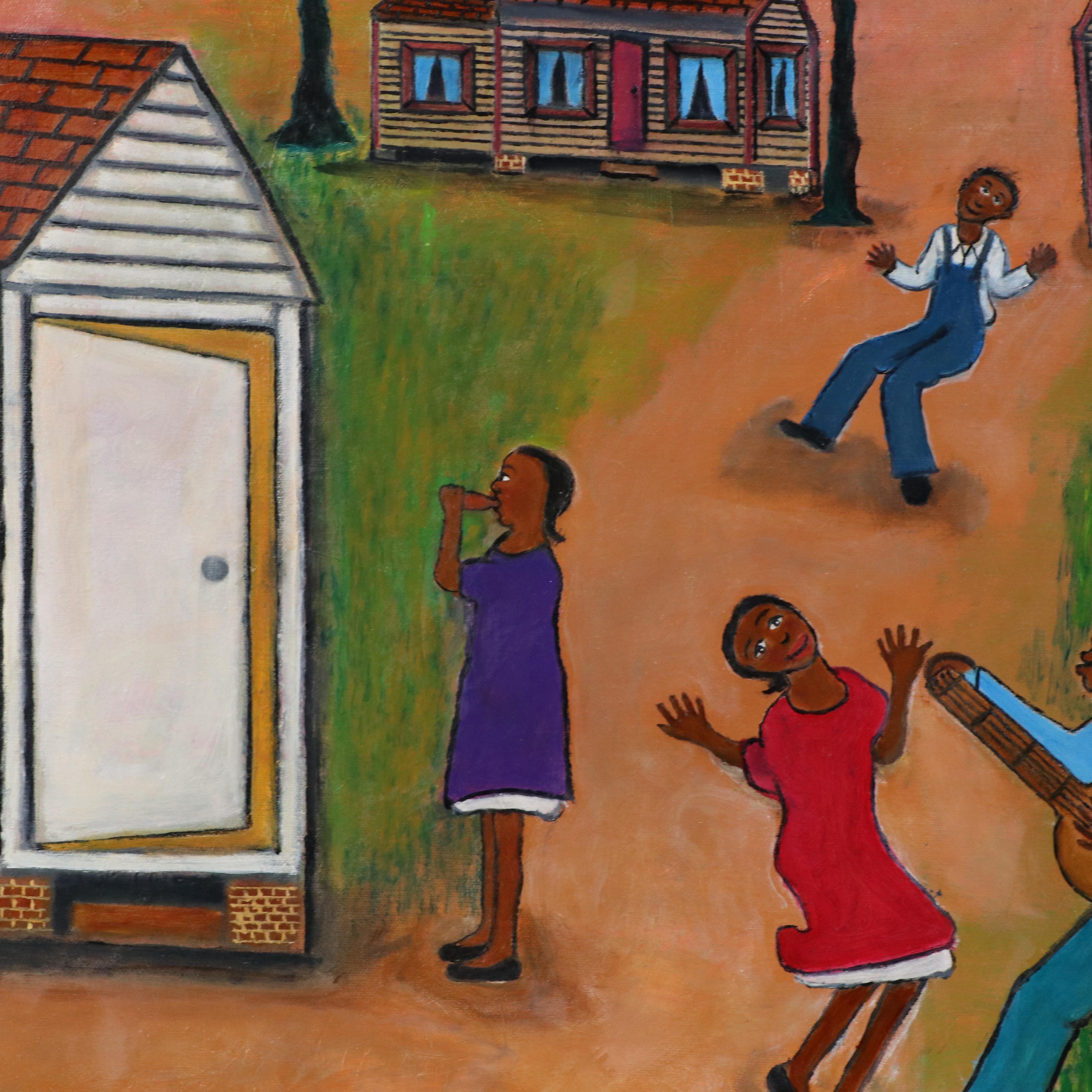 Lorenzo Scott Outsider Art Oil Painting of Genre Scene with Figures