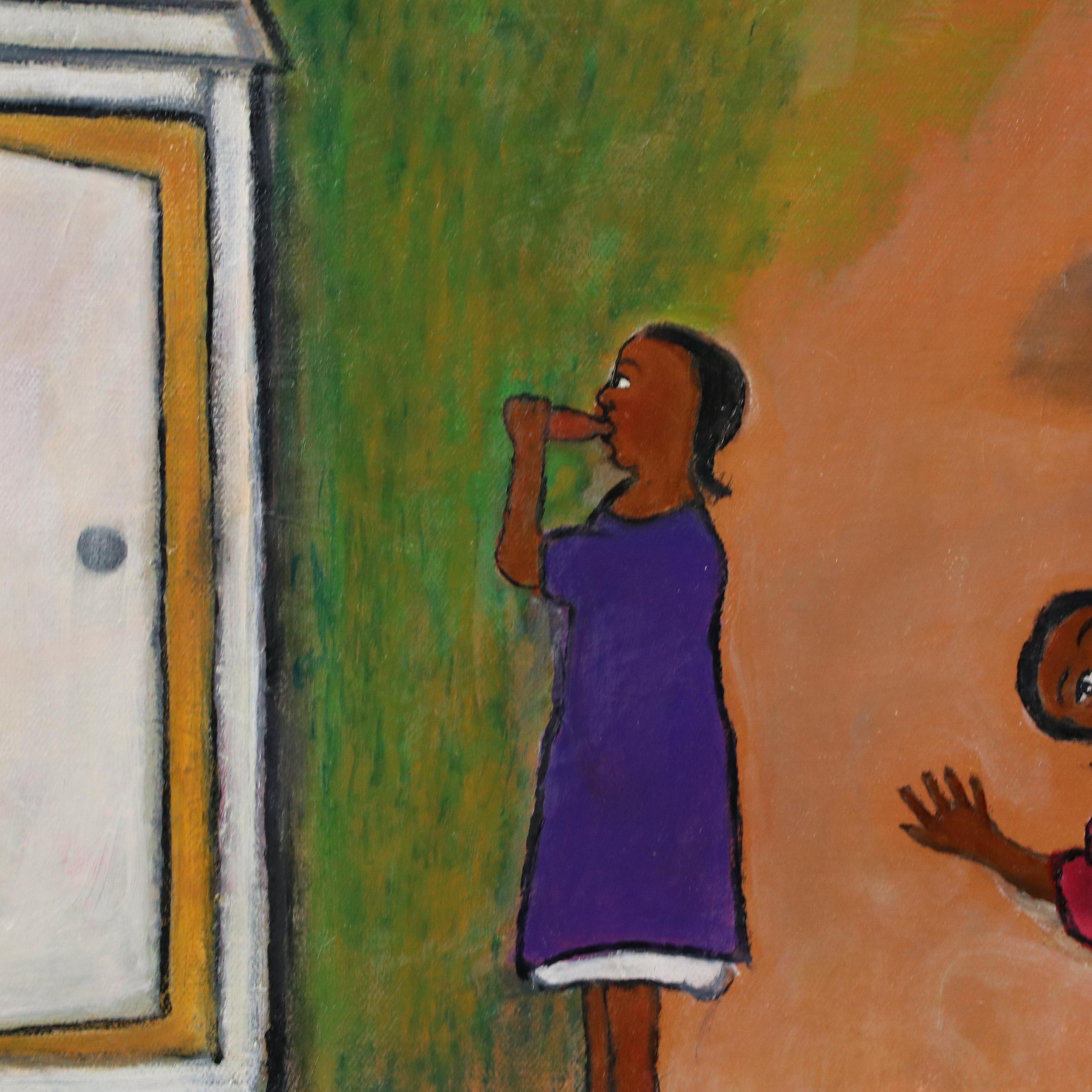 Lorenzo Scott Outsider Art Oil Painting of Genre Scene with Figures