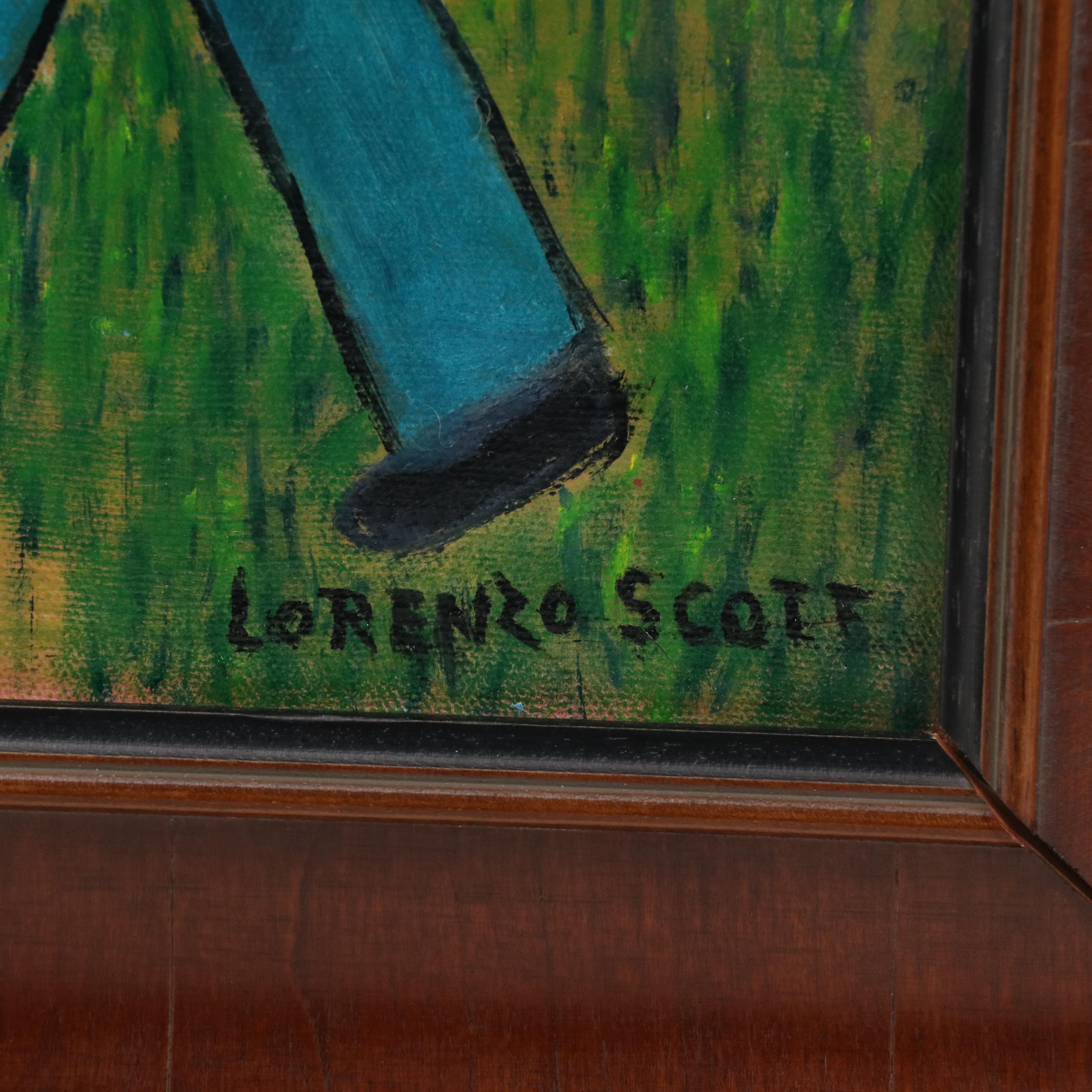 Lorenzo Scott Outsider Art Oil Painting of Genre Scene with Figures