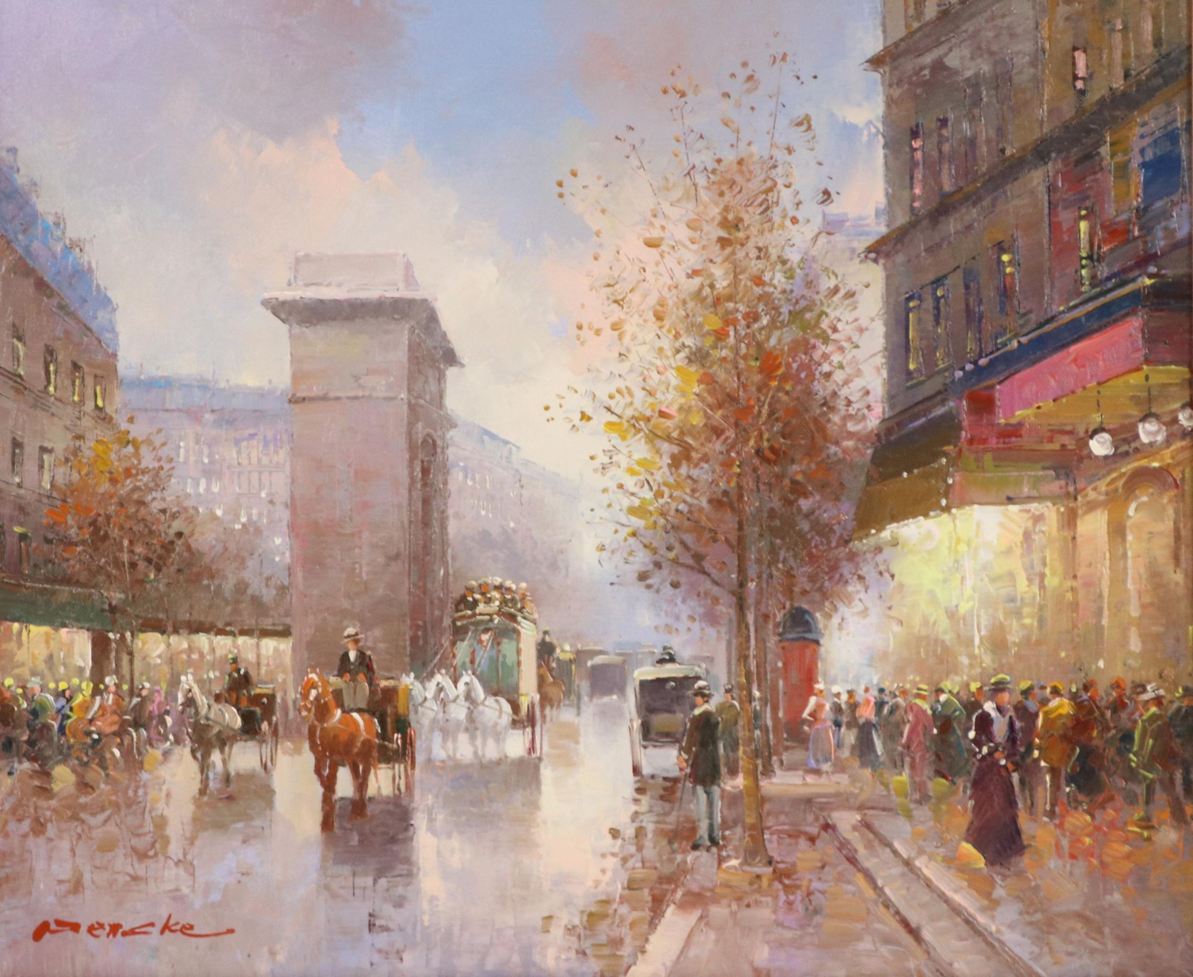 T. E. Pencke Oil Painting of European Street Scene with Figures