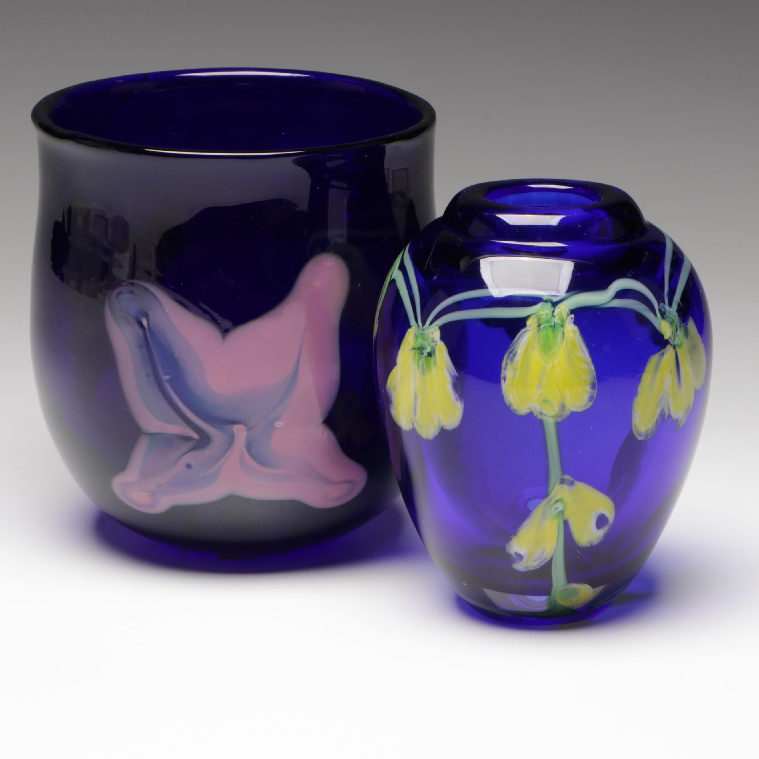 Stan Klein and Mark Rousso Handblown Cobalt Blue and Floral Art Glass Vases