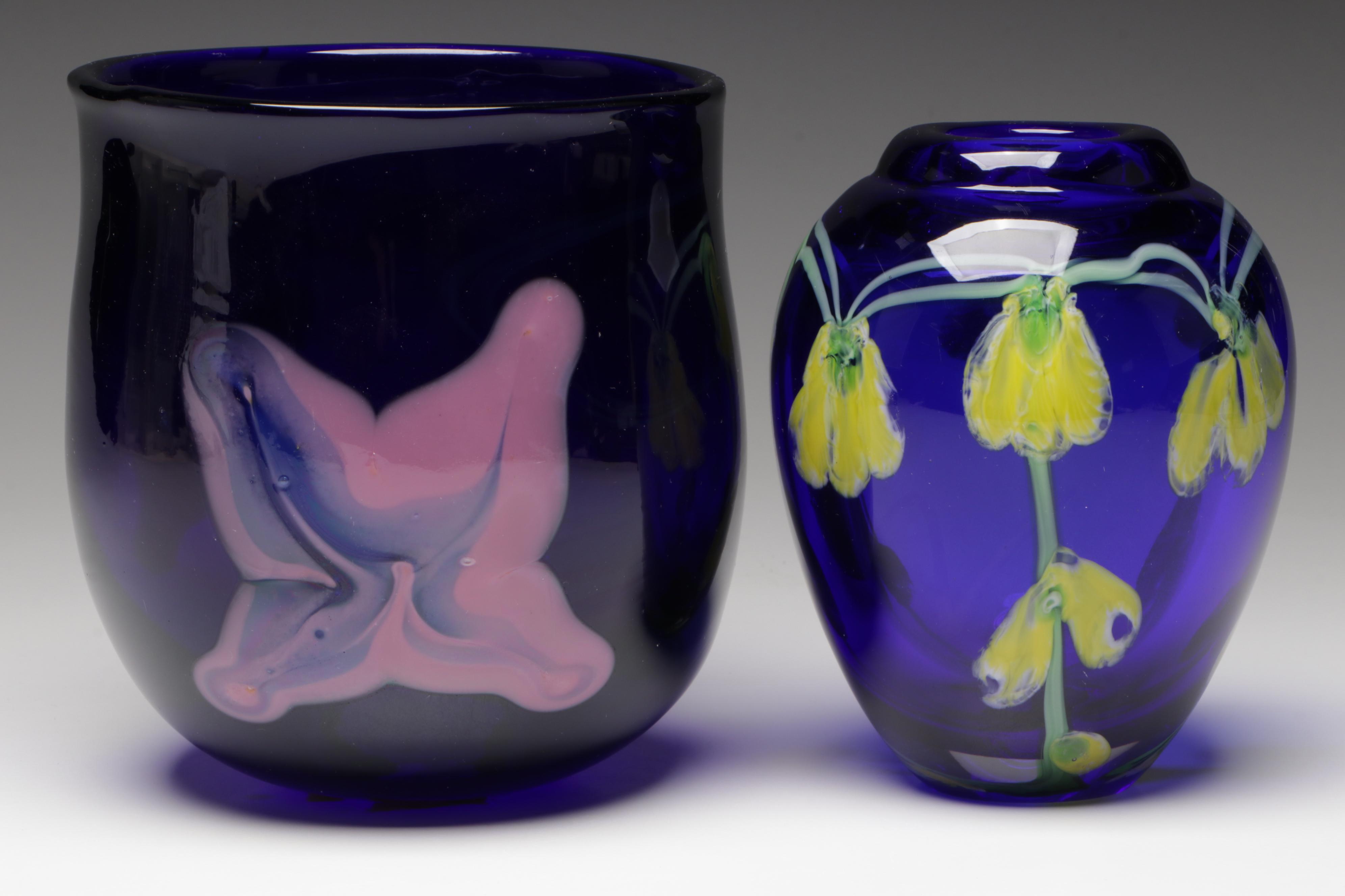 Stan Klein and Mark Rousso Handblown Cobalt Blue and Floral Art Glass Vases