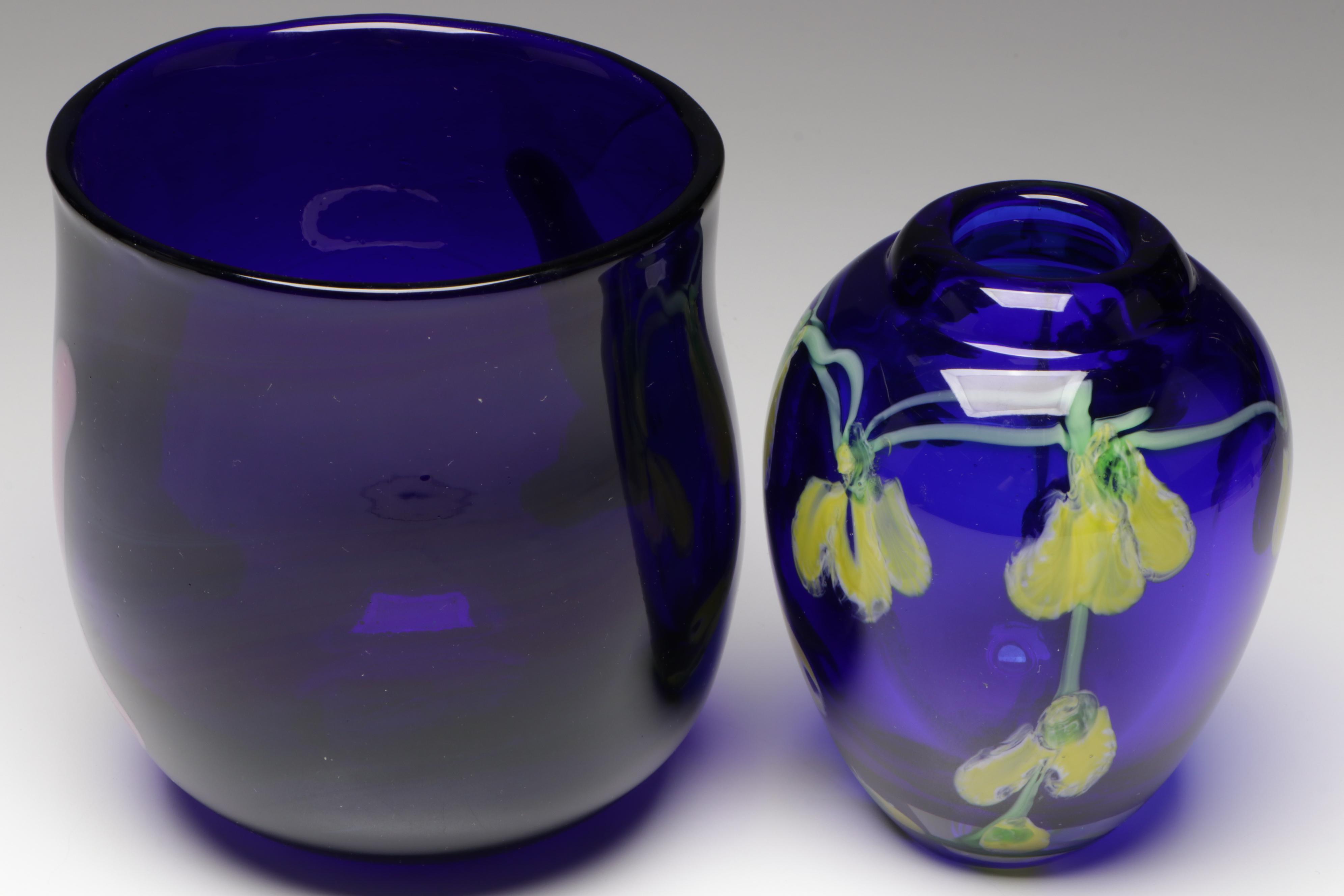 Stan Klein and Mark Rousso Handblown Cobalt Blue and Floral Art Glass Vases