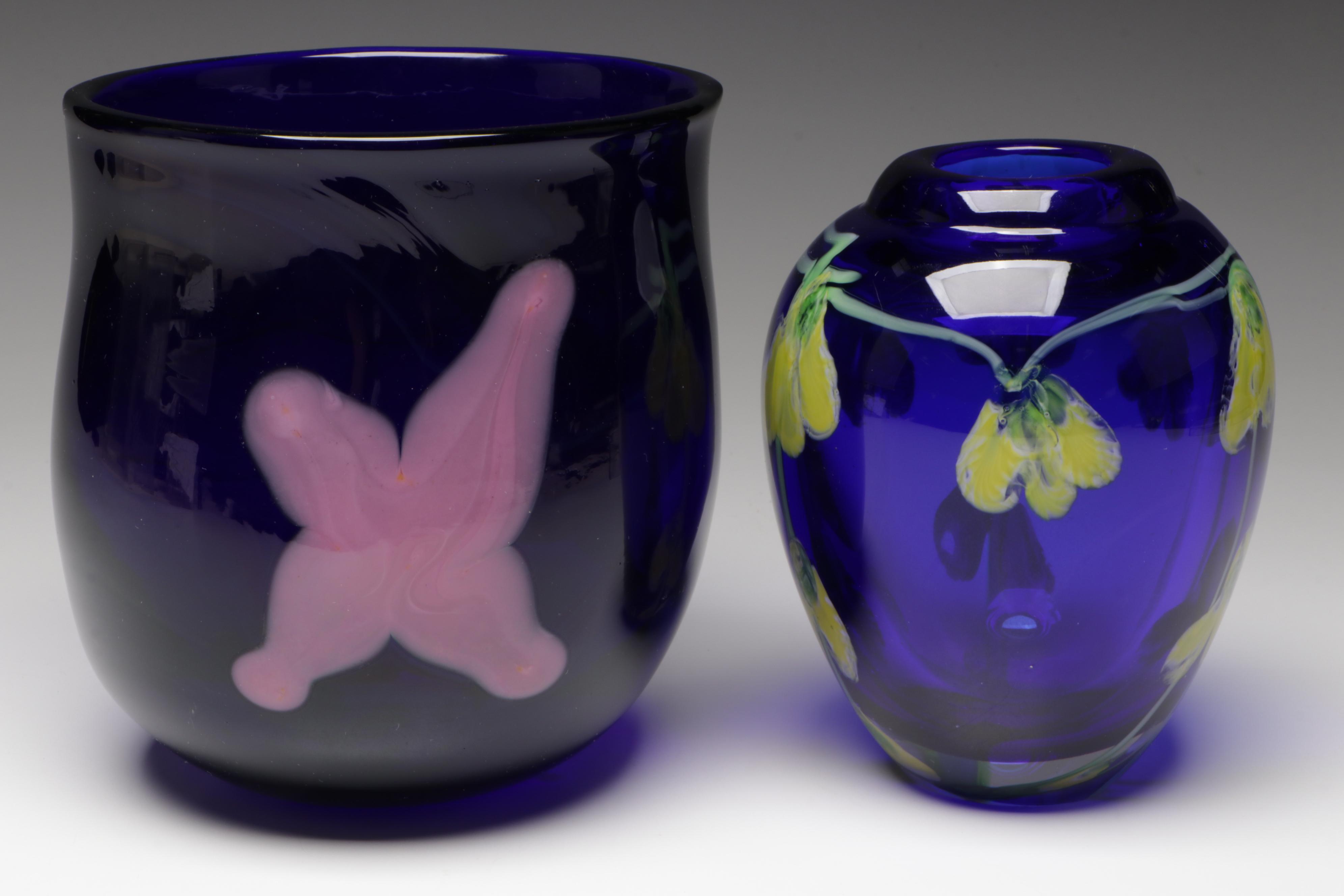 Stan Klein and Mark Rousso Handblown Cobalt Blue and Floral Art Glass Vases