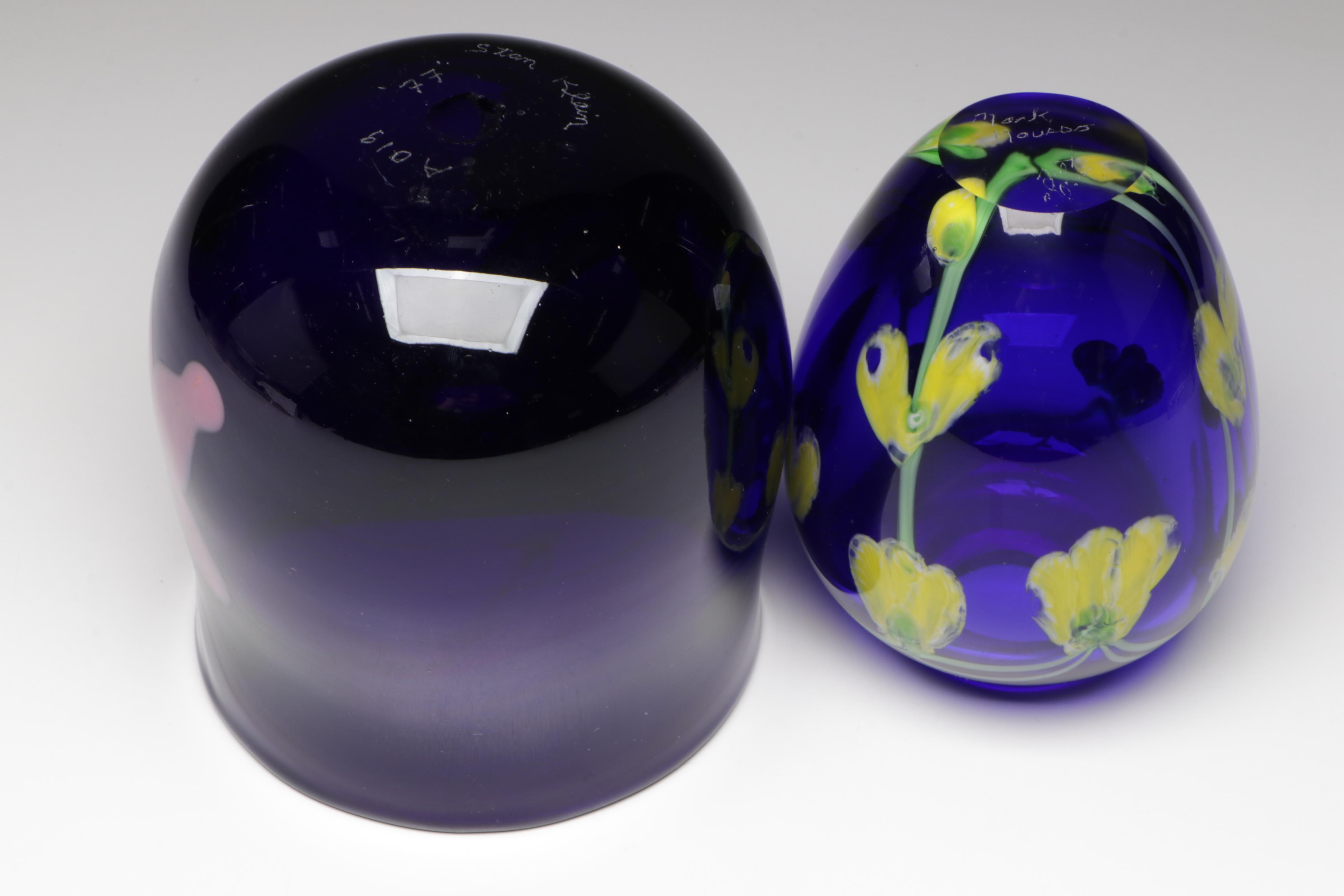 Stan Klein and Mark Rousso Handblown Cobalt Blue and Floral Art Glass Vases
