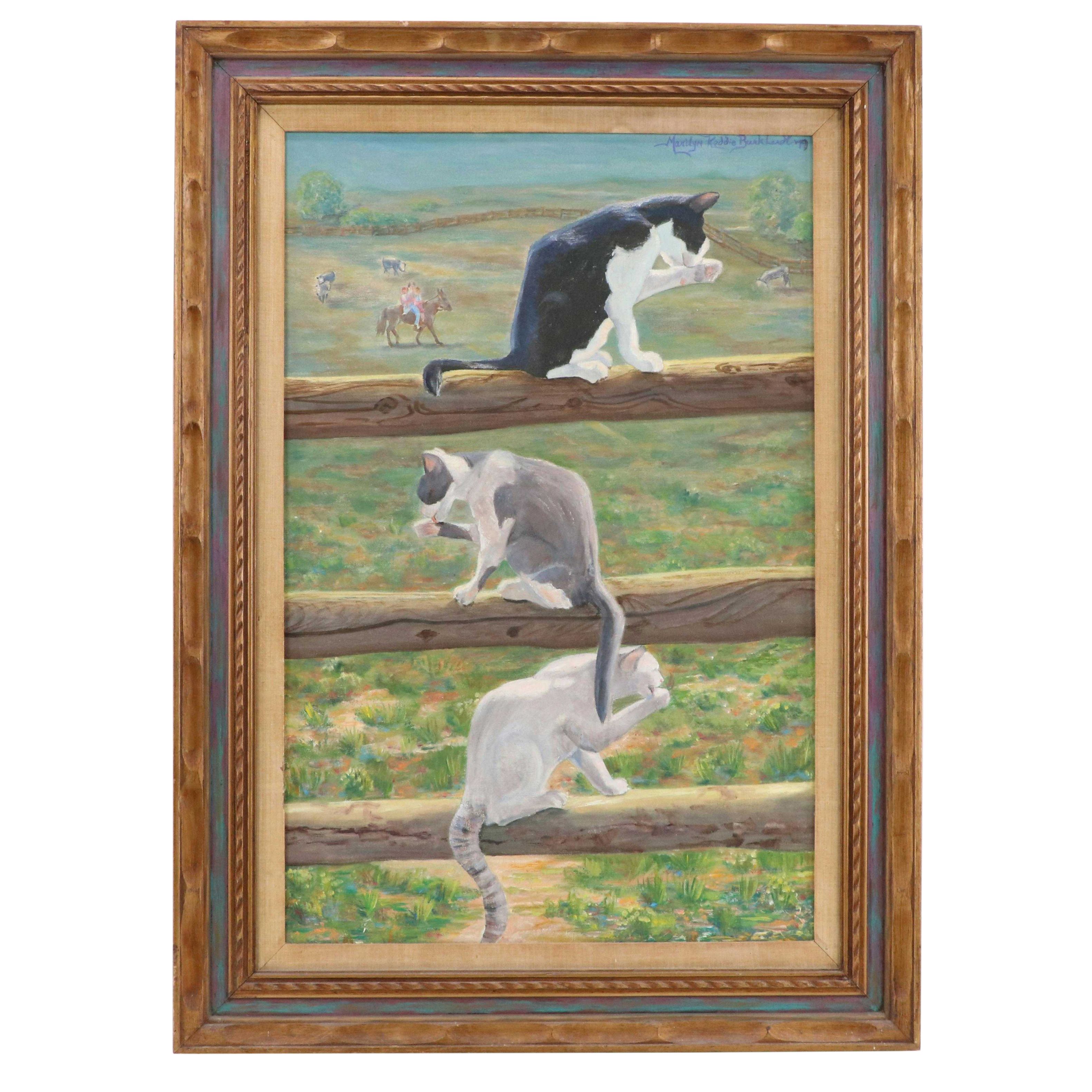 Marilyn Burkhardt Oil Painting of Three Cats on a Fence, 1979