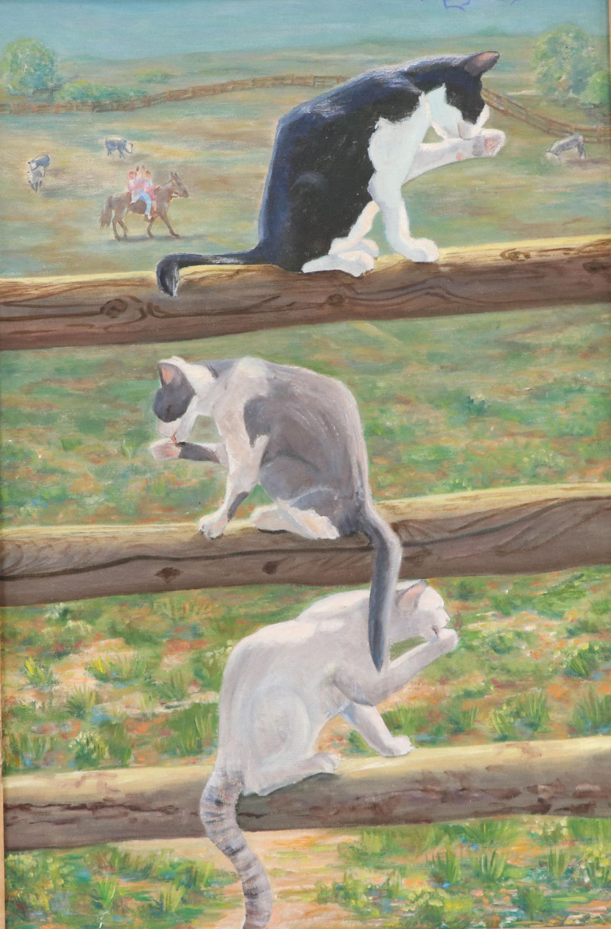 Marilyn Burkhardt Oil Painting of Three Cats on a Fence, 1979